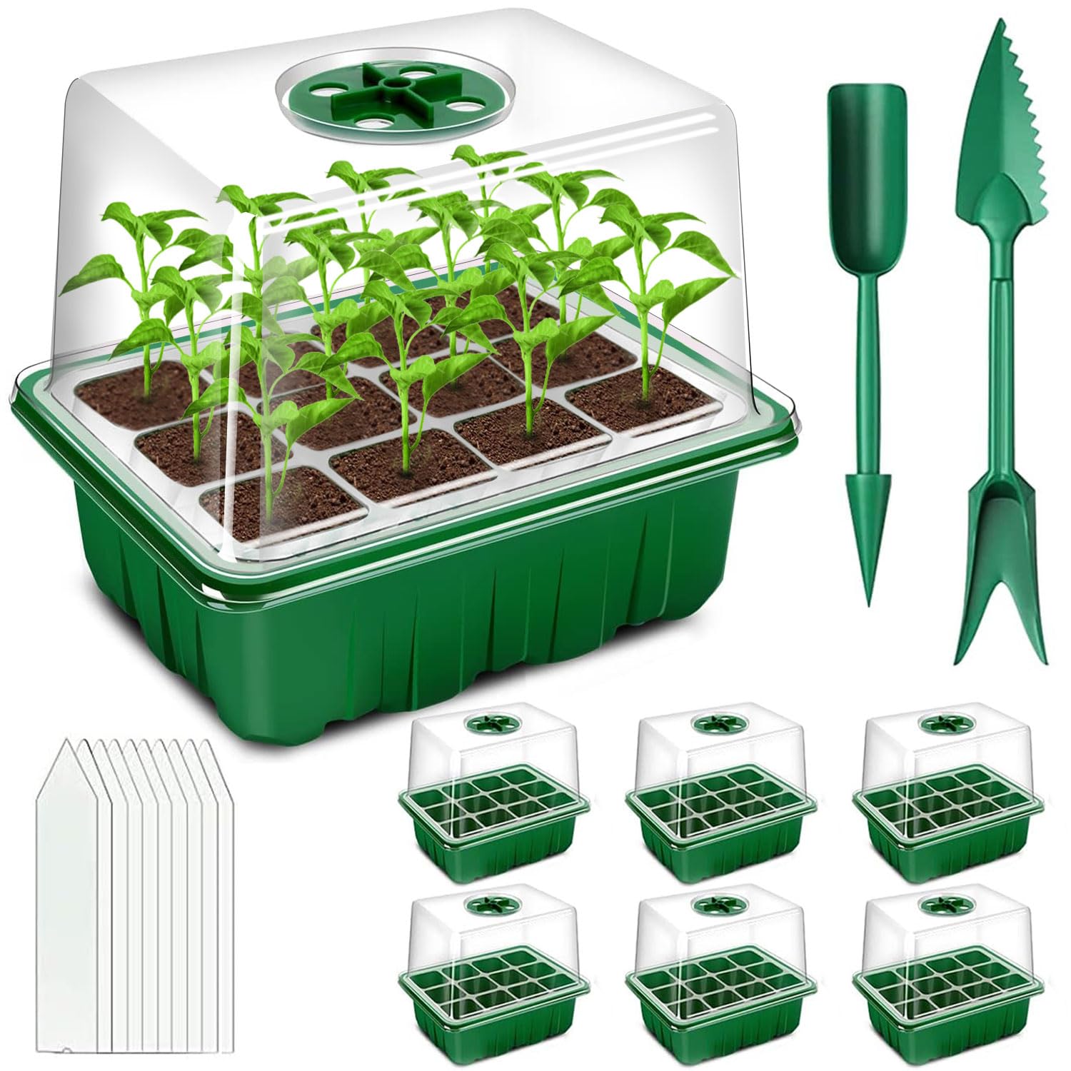 Seed Trays 6 Packs, 72 Cells Propagators Growing Seedling Starter Lids Thicken Plant Germination Reusable Kit, Seed Starting Trays with Clear Lids Humidity Dome for Greenhouse, Garden