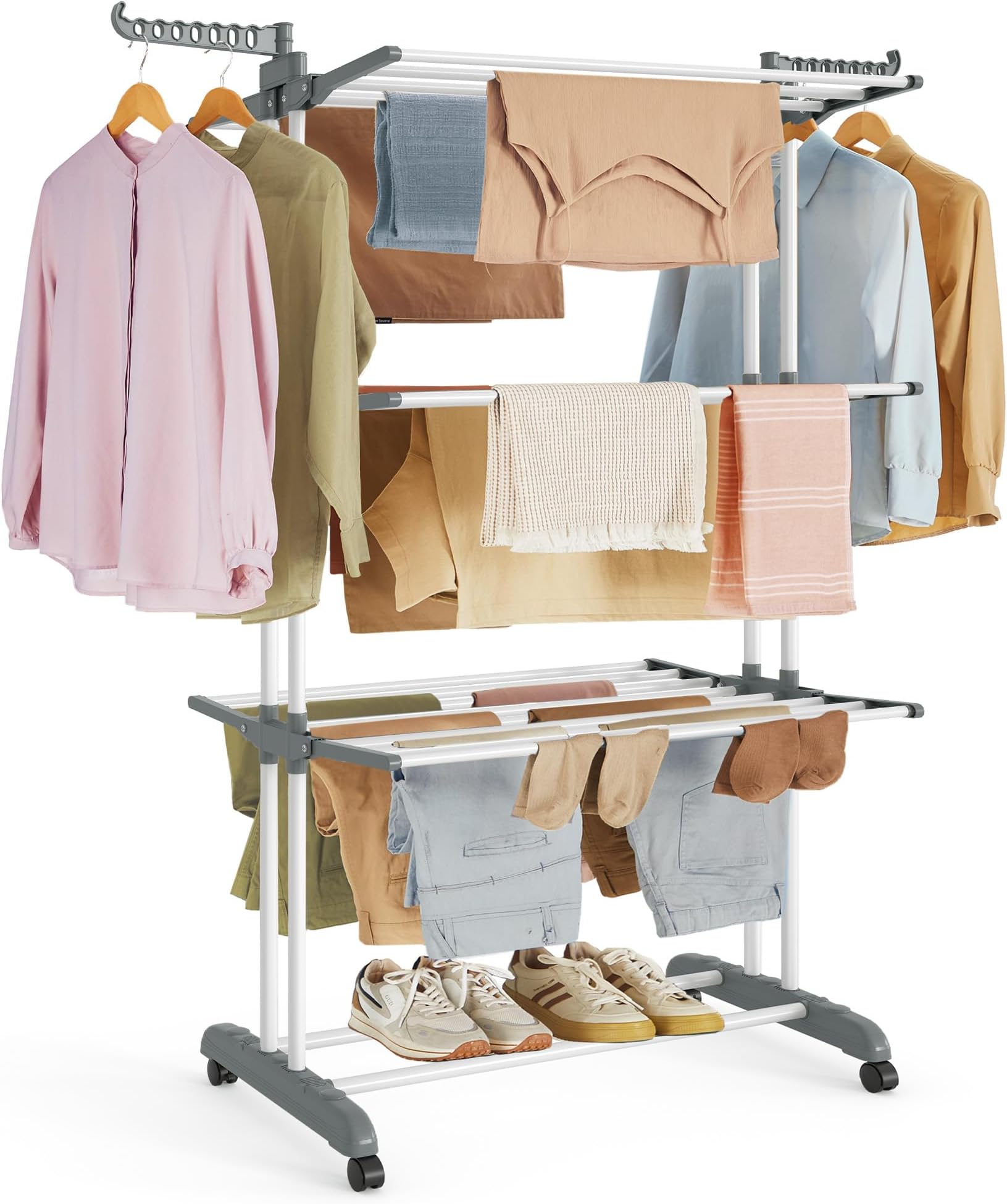 SONGMICS Large Clothes Airer, Foldable Clothes Drying Rack Laundry 4-Tier, Moveable Clothes Horse, 64 x 126 x 172 cm, Stainess Steel, Folding Wings, Easy Assembly, Indoor Outdoor Use, White LLR701W01
