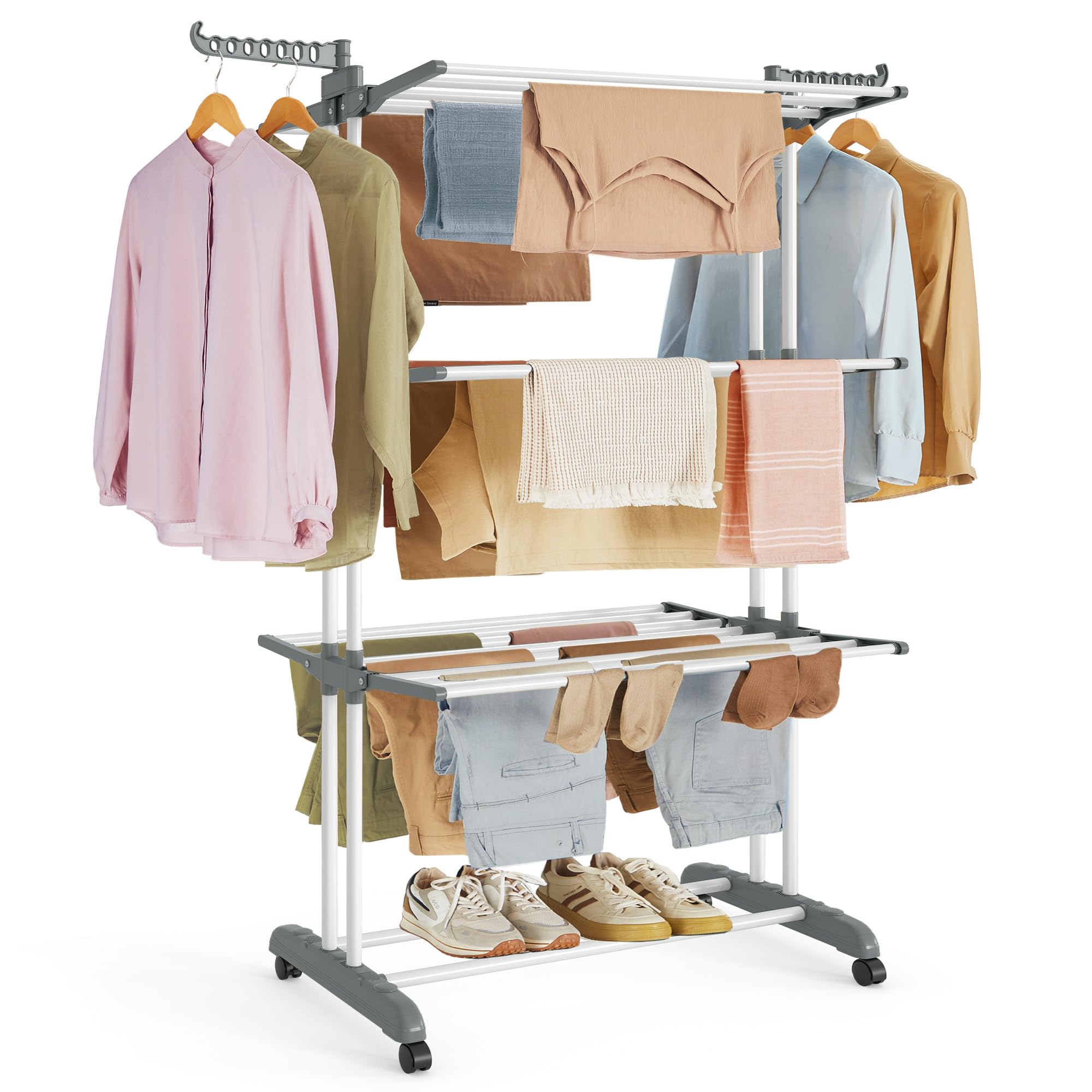 SONGMICS Large Clothes Airer, Foldable Clothes Drying Rack Laundry 4-Tier, Moveable Clothes Horse, 64 x 126 x 172 cm, Stainess Steel, Folding Wings, Easy Assembly, Indoor Outdoor Use, White LLR701W01