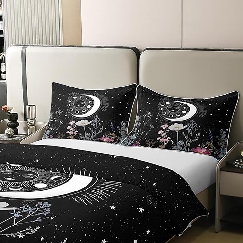 Miniatura 4 de jejeloiu Juego de funda de edredón con diseño de sol y luna, 100 % algodón, tamaño matrimonial, 1 panel, estilo bohemio exótico, galaxia exótica,