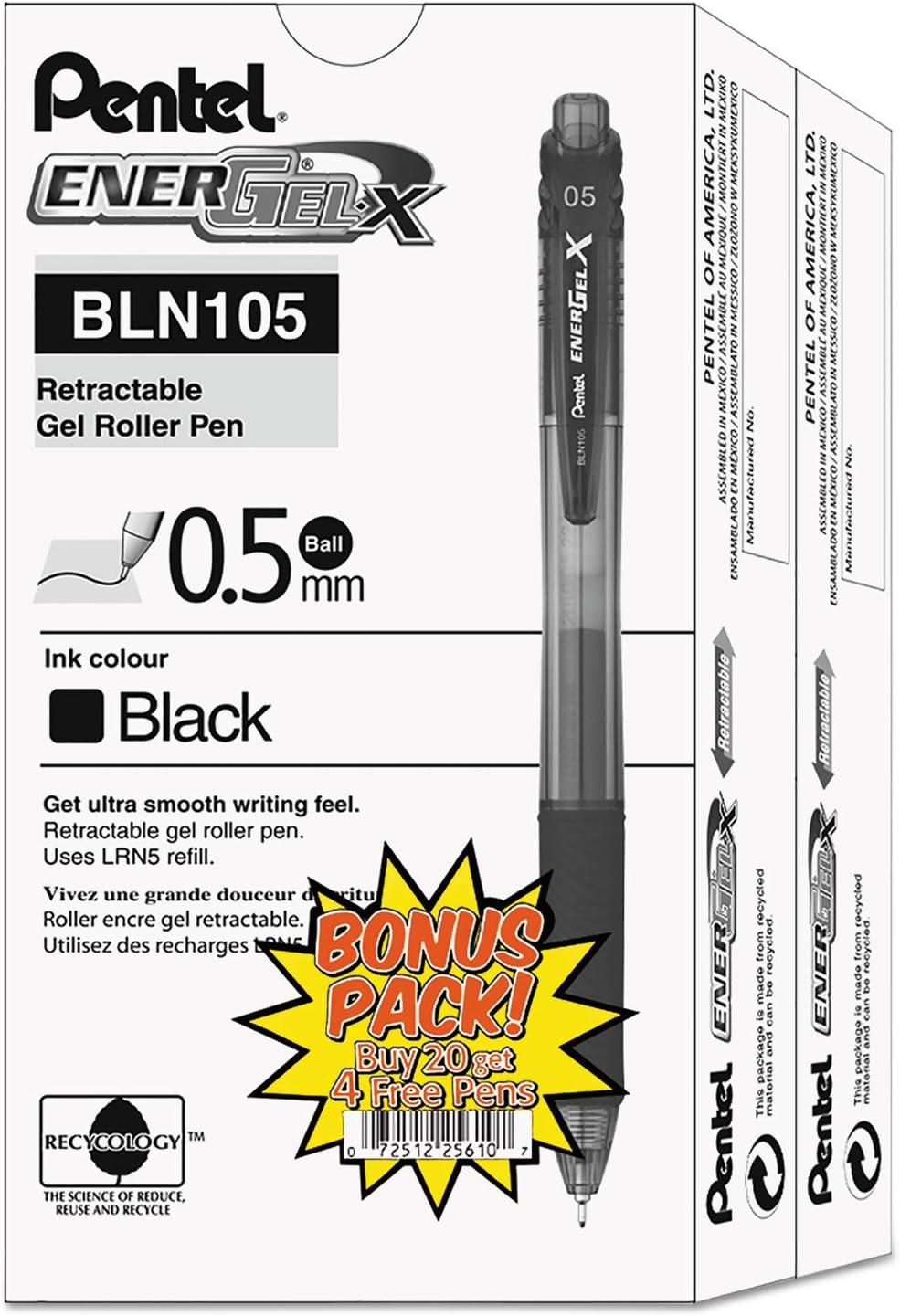 Pentel BLN105ASW2 EnerGel-X Retractable Roller Gel Pen.5mm, Black Barrel, Black Ink, 24/Pack
