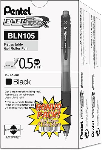 Pentel Bln105asw2 Energel-X Bolígrafo de gel retráctil con rodillo, 0.197 in, barril negro, tinta negra, paquete de 24 unidades