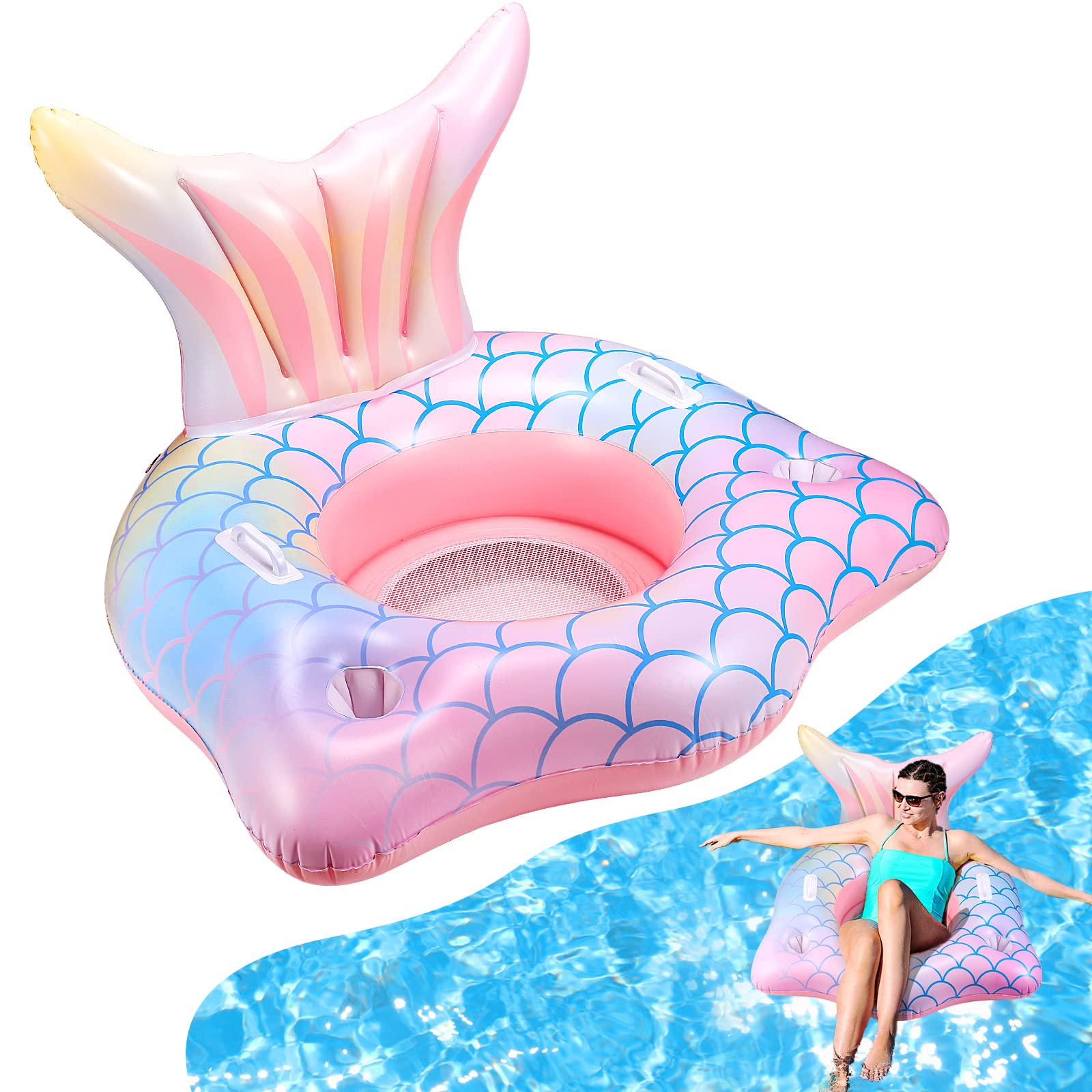 Mermaid Inflatable Pool Float Chair with 2 Cup Holders, Armrests, Pink Swimming Pool Party Lounge Raft Decorations Toys for Kids Adults, Swimming Pool Lounger Pool Floaties for Summer Beach Party