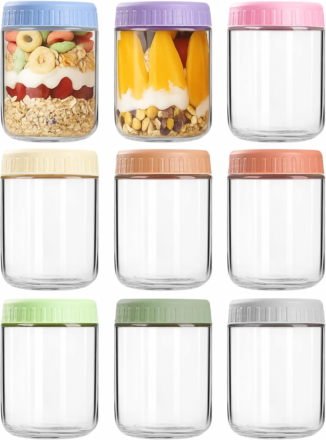 Overnight Oats Containers with Lids, 16oz Wide Mouth Mason Jars with Lids, 9 Pack Glass Jars with Airtight lid for Chia Pudding Yogurt Salad, Meal Prer Oatmeal Jars