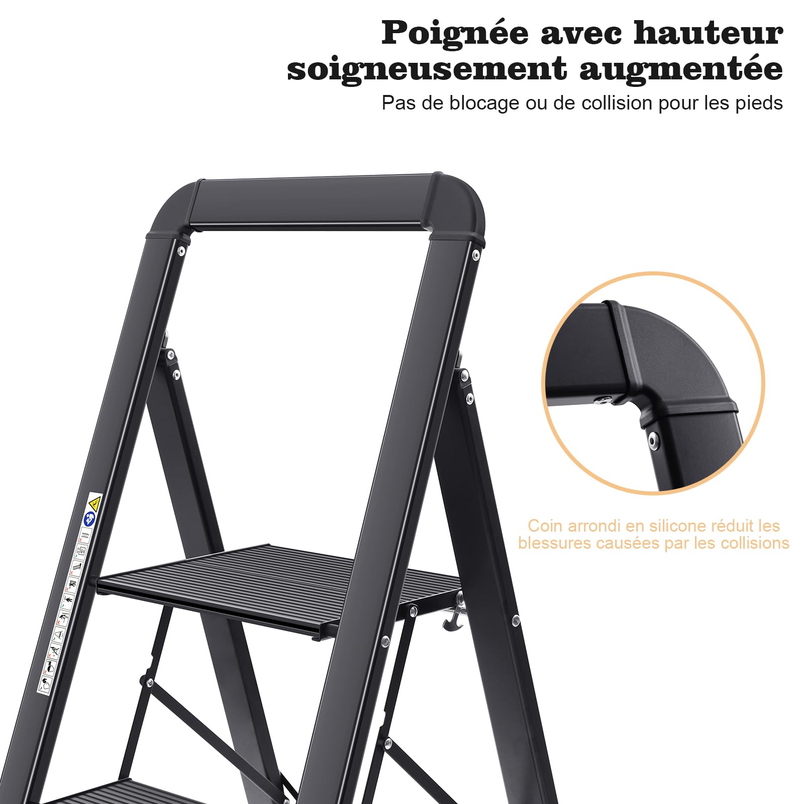 KINGRACK Escabeau 5 Marches Pliable en Aluminium Léger, Marche Pied Pliant avec Pédales Antidérapantes, Main Courante, Échelle pour Maison Cuisine Bureau, Gain de Place, Charge Maximale 150 kg, Noir