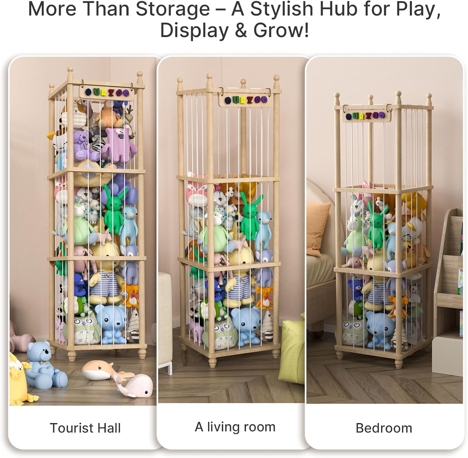 Stuffed Animal Storage Zoo, 57" Tall Solid Pine Wood Toy Organizer with Exclusive 3D Sign, Large Vertical Plushie Cage Holder with Elastic Cords for Playroom Corner & Nursery Decor XL