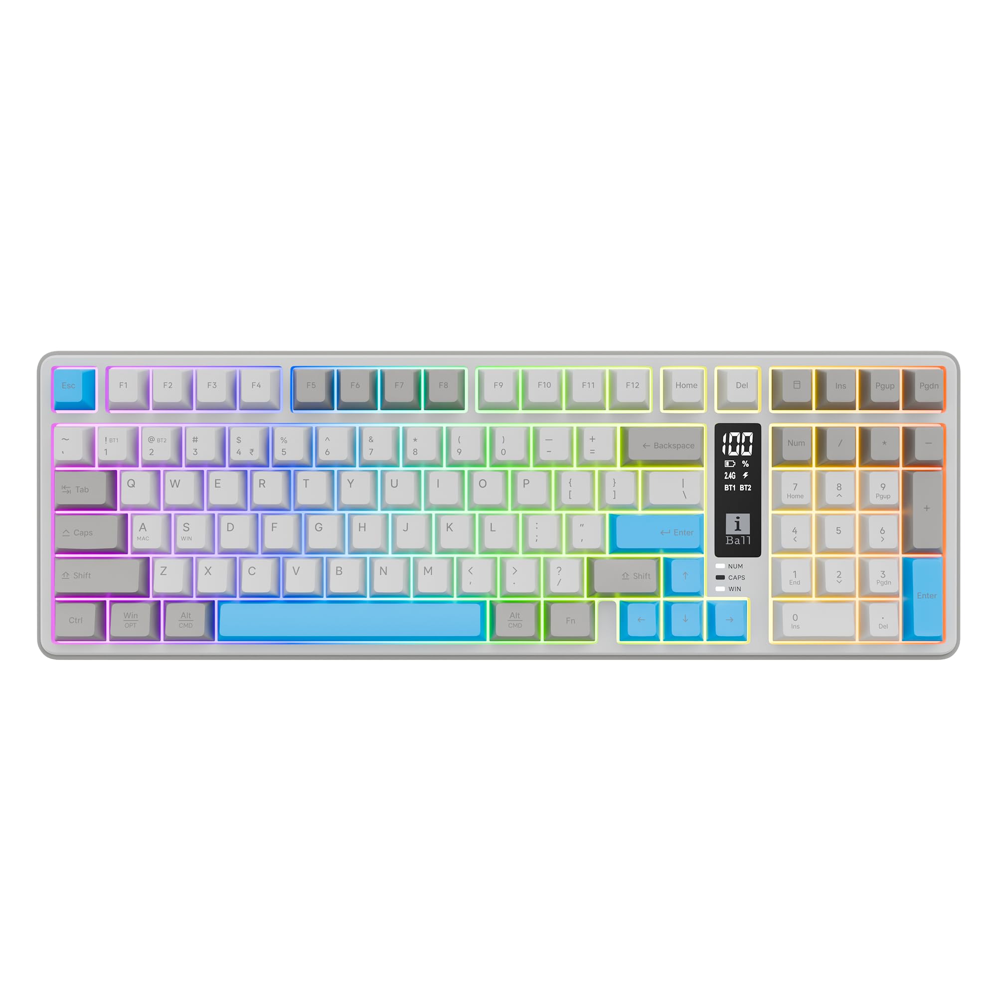 iBall QWERTY S500 Wireless Keyboard, Mech Membrane Keys, 99-Key Layout, Dual BT + 2.4GHz + Wired, RGB Backlit, Smart Display, Anti-Ghosting, Compatible with MacOS, Win, iOS & Android (Cement Grey)-picture-20