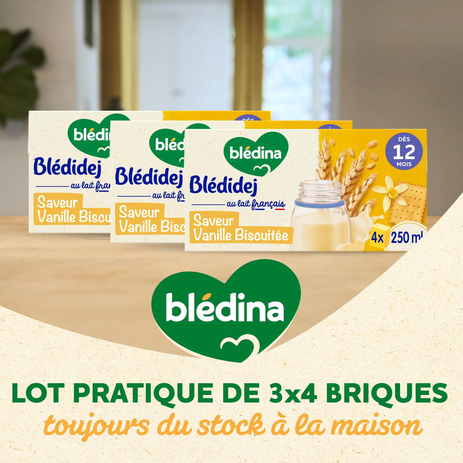 Blédina Blédidej Céréales bébé Biscuité Saveur Vanille Dès 12 Mois Lait bébé petit-déjeuner Calcium Vitamine C Fer Oméga 3 Format Pratique 12x250 mL