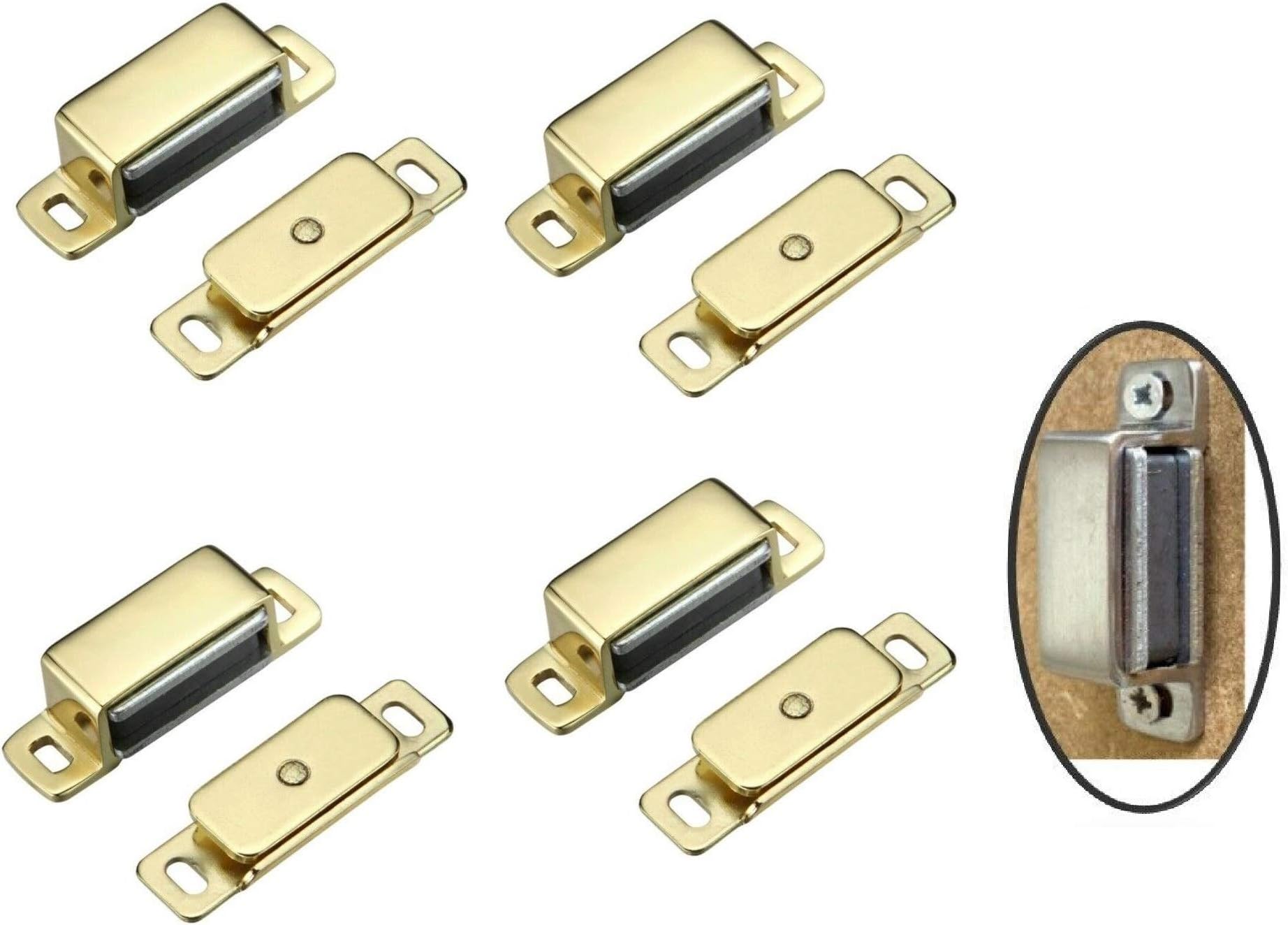 SISI UK® Cupboard Magnets 4 Pack, 6KG Pull Strong Magnetic Door Cupboard Catch Brass Finish, Heavy Duty Cabinet Door Magnets with Screws for Bathroom Kitchen Cupboard Closure Closet Door Closer