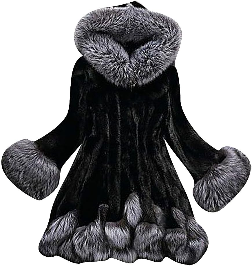 BLady Women's Classy 2 Color Faux Mink & Silver Fox Fur Medium Hooded Coat, Black L,Manufacturer(XXL)