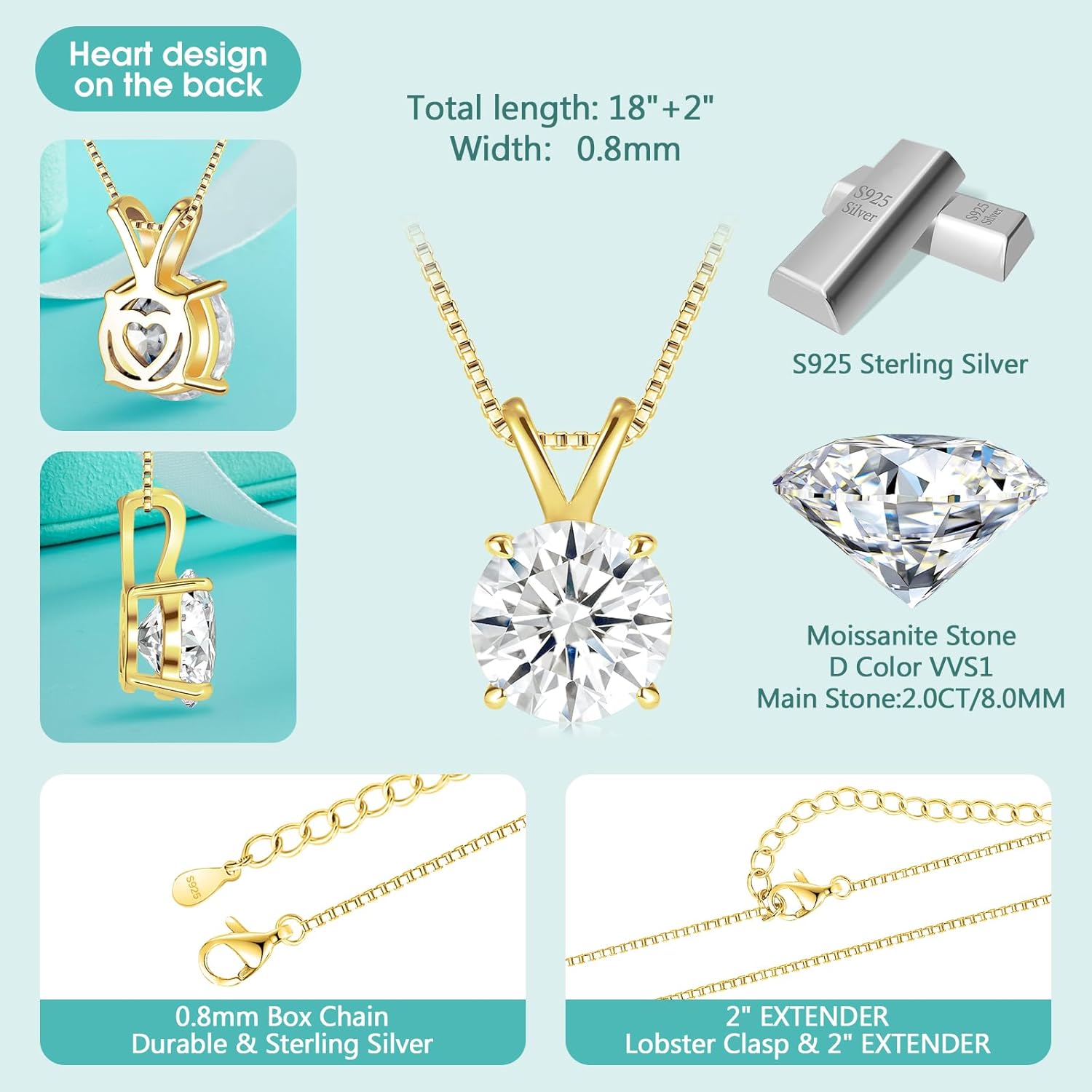 Moissanite Solitaire Necklace for Women, 1-3 Carat Lab Grown Diamond Pendant Jewelry D Color VVS1, S925 Sterling Silver with Gold Plating, 18+2” Silver Chain, Heart Engraving Gift for Wife Girlfriend Mom Yourself on Anniversary Birthday Wedding - Image 5