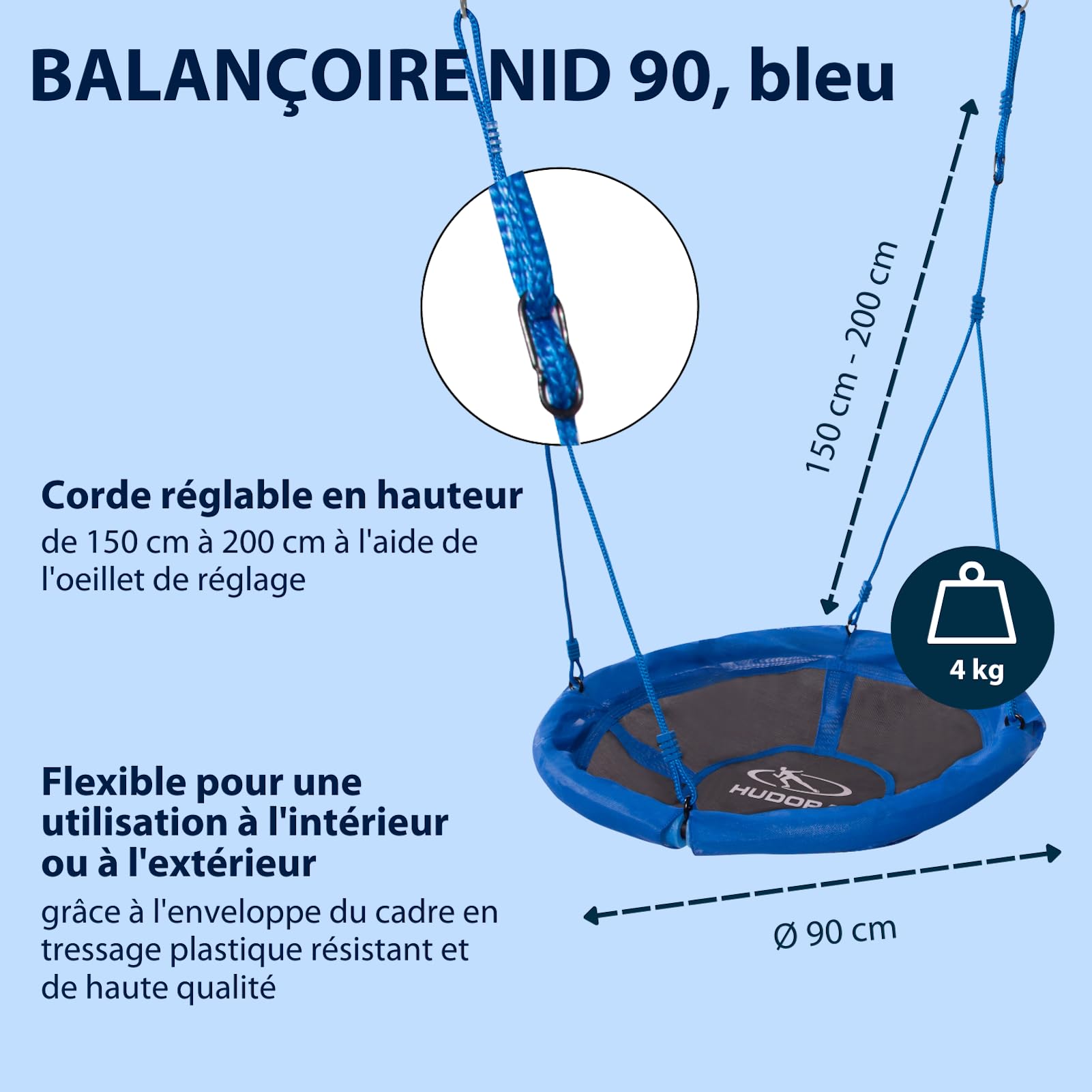 HUDORA Balançoire Nid 90 - Balançoire nid en Plastique pour jusqu'à 100kg - Balancelle Suspendue de 90cm de diamètre pour intérieur et extérieur