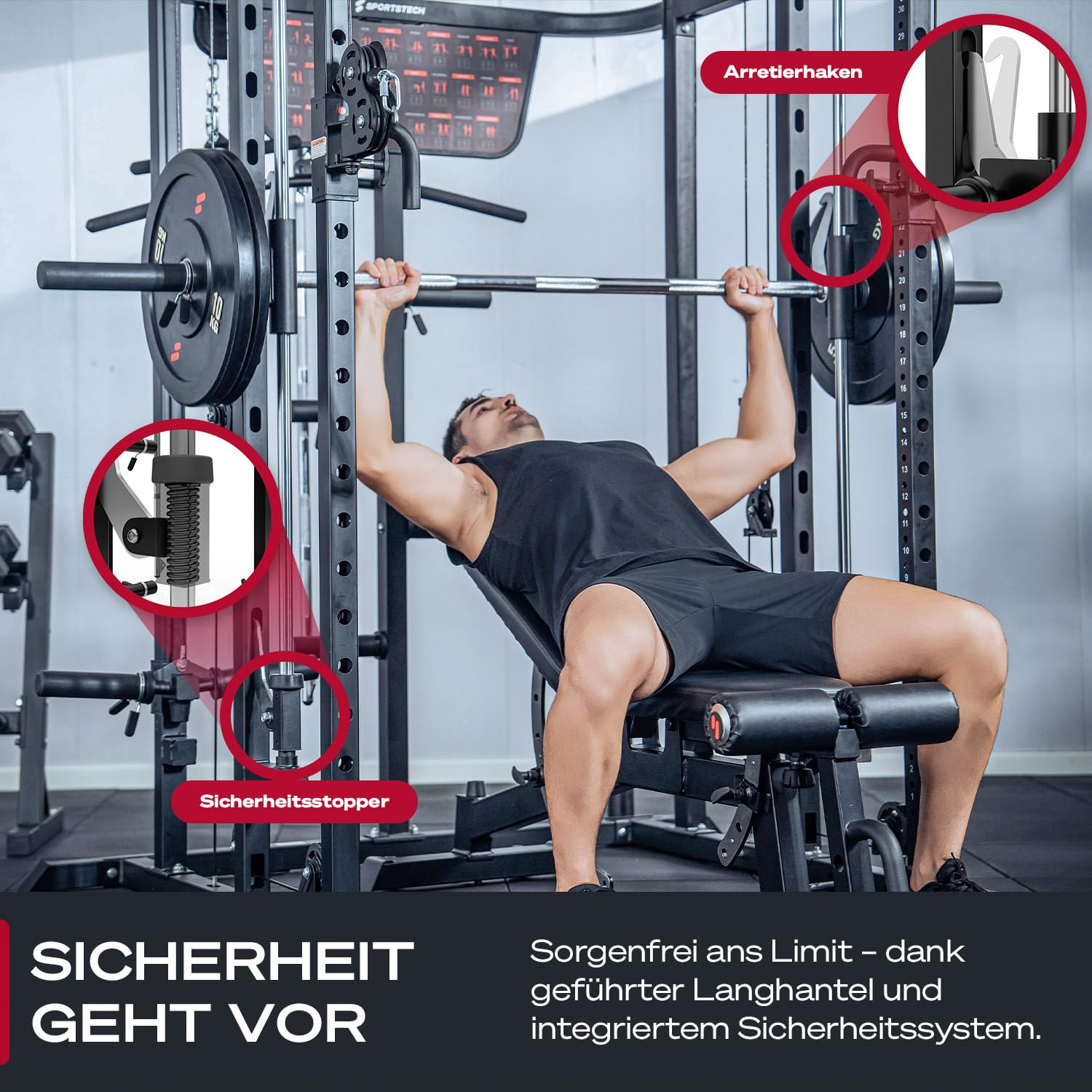 Sportstech SXM150 Smith Machine für Zuhause, Power Rack mit Kabelzug, Klimmzug, Langhantelstange, Bankdrücken, Multipresse, für Gewichtsscheiben, Kraftstation inkl. Griffe, Multifunktional, Home Gym