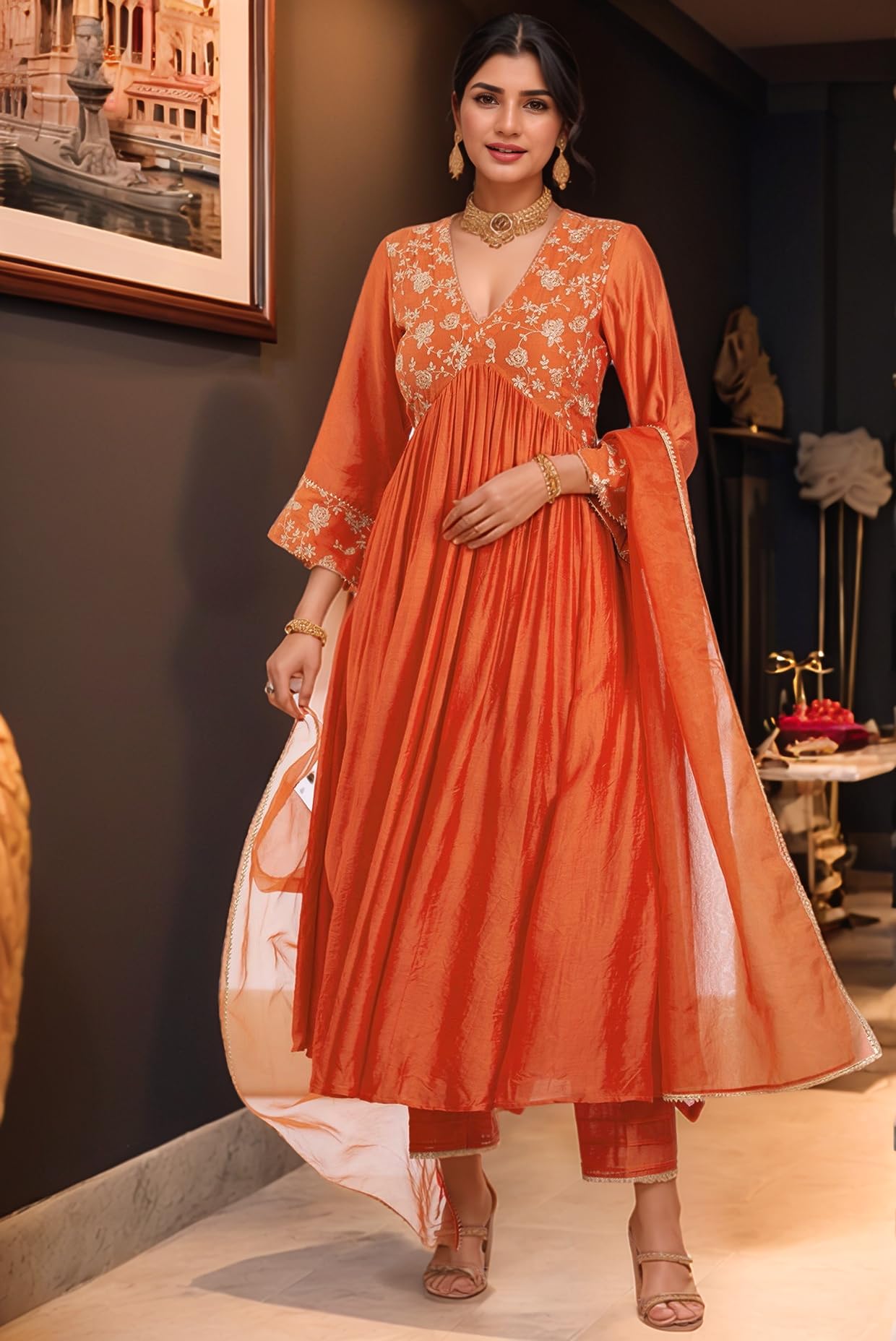 ANNI Designer Kurta brodé Anarkali en viscose avec pantalon et dupatta pour femme