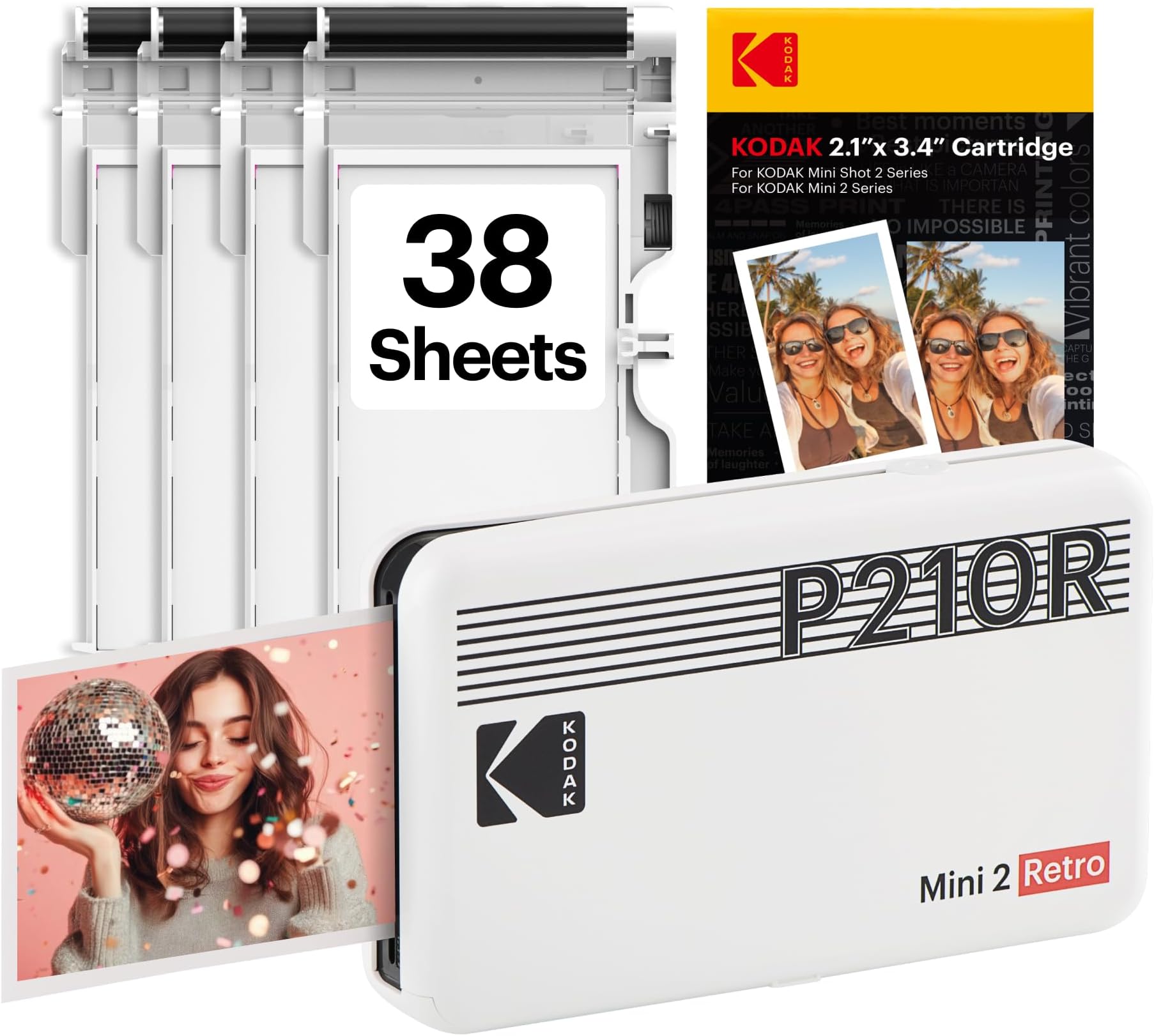 Kodak Mini 2 Retro 4PASS Portable Photo Colour Printer (2.1x3.4 inches) + 68 Sheets Bundle, White