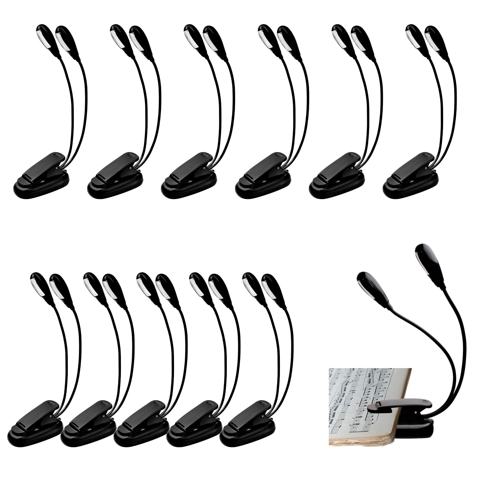 Lot de 12 lampes de lecture LED avec clip à double bras - Lampe USB et piles AAA - 4 niveaux de luminosité - Lampe de lecture pour les vers de bibliothèque, les joueurs de piano