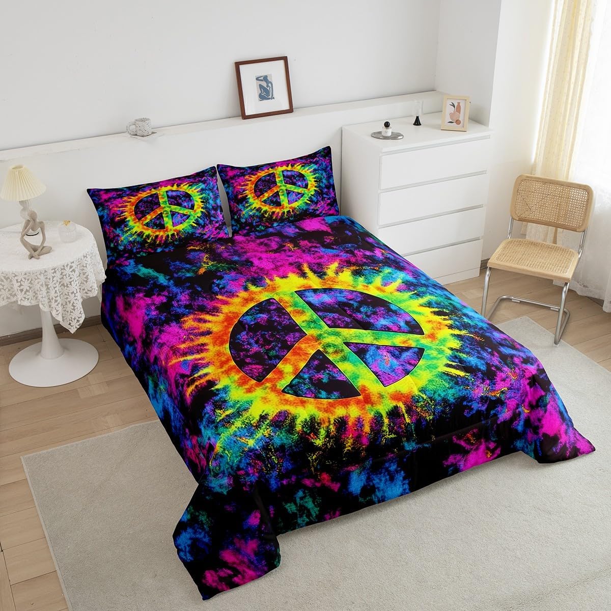 Peace Sign Comforter Set Queen Size,Colorful Tie-dye Art Bedding Set 3Pcs for Kids Teens Woman Men Room Decor,Vintage Hippie Style Quilt Set Black Reversible Duvet Insert,2 Pillowcases