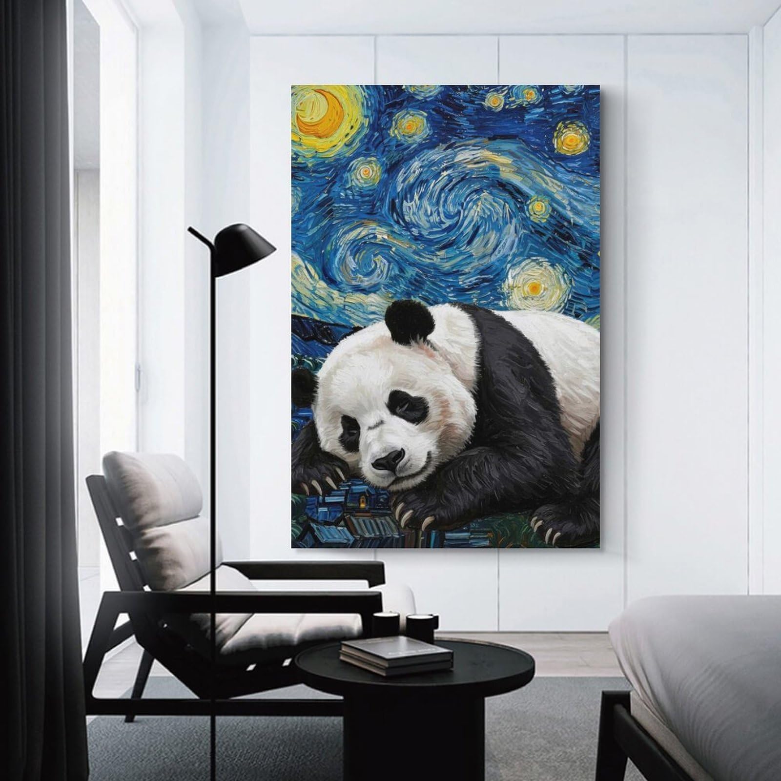 Junmoney Unframe-Style-3-2-1 Panda In Starry Night Home Decor Wall Art 24X36inch(60X90cm), For Lounge, Study, Hallway Or Flat Walls, Stylish Home Artwork For Focal Walls