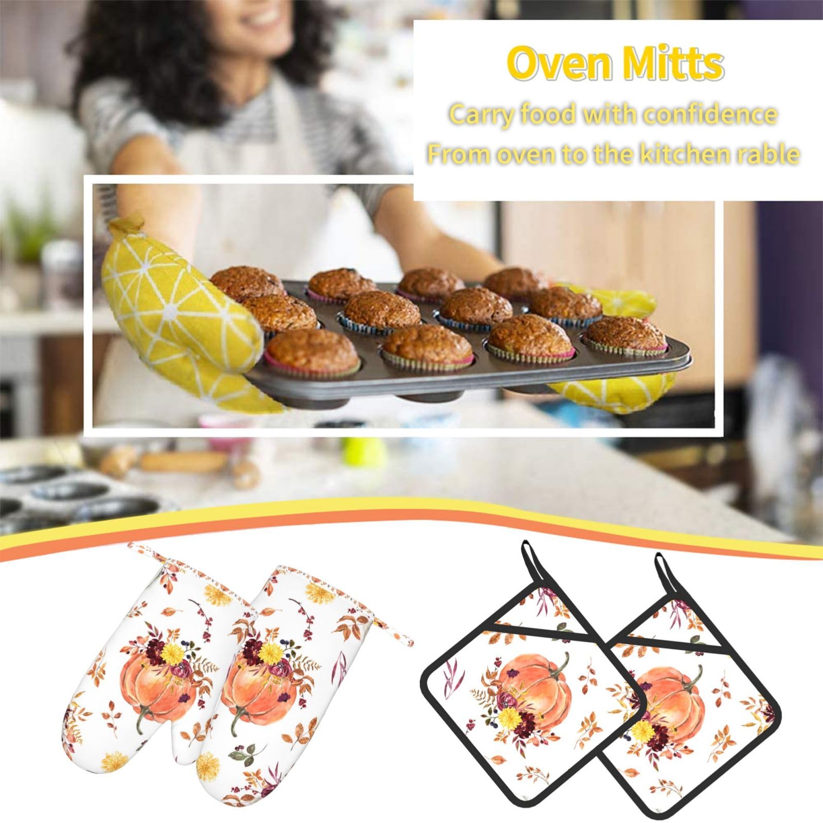 Juego de Cuatro Guantes y Manoplas Resistentes al Calor para Hornear, Guantes de Cocina Antideslizantes, Manoplas para Horno, Estampado de Calabaza otoñal.