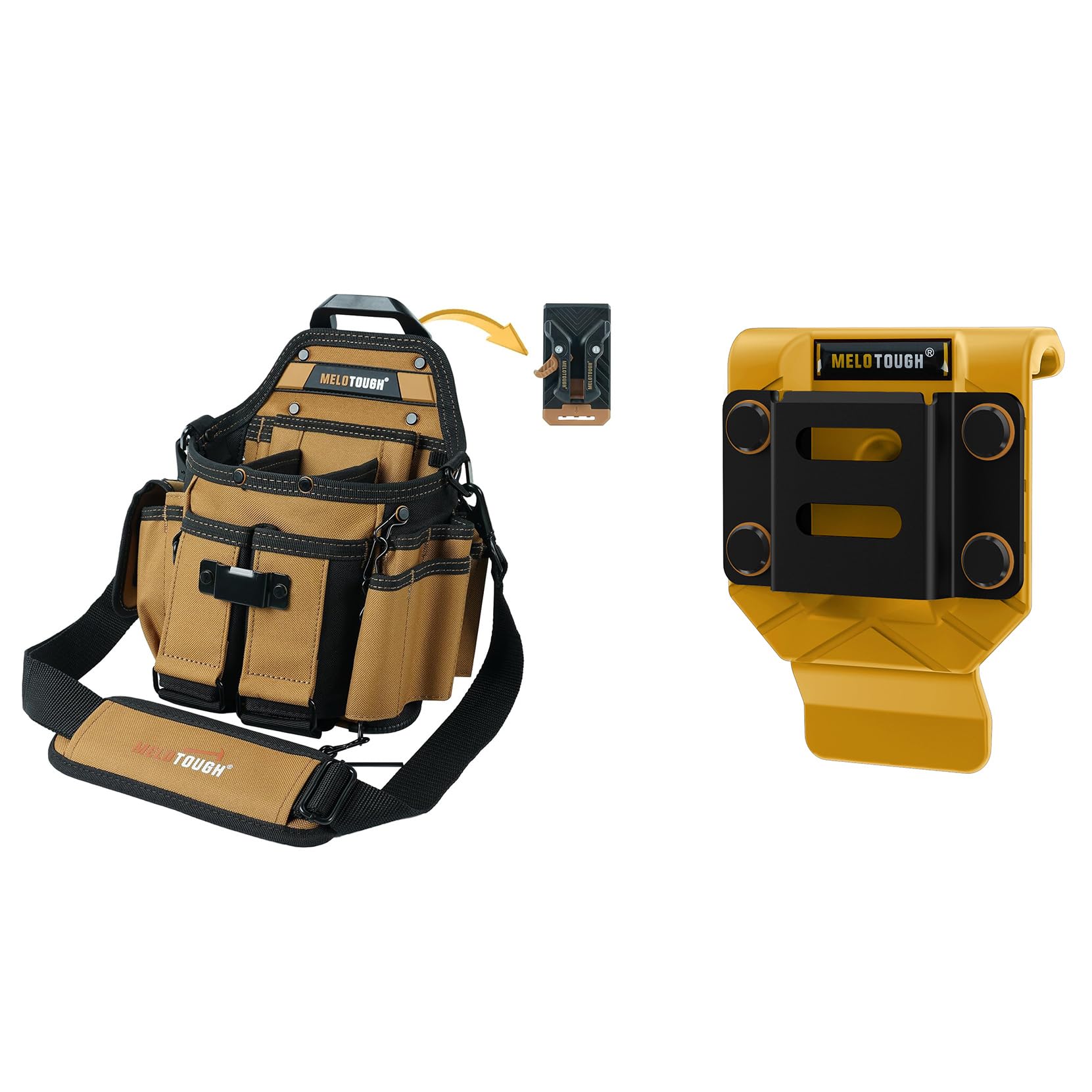 MELOTOUGH Electrician Tool Pouch Bag with Shoulder Strap Professional 15 Pockets Tool Pouch with Belt Clip,Drill Belt Clip,Drill Holder for Tool Belt,Drill Holster,Measuring Tape Holder