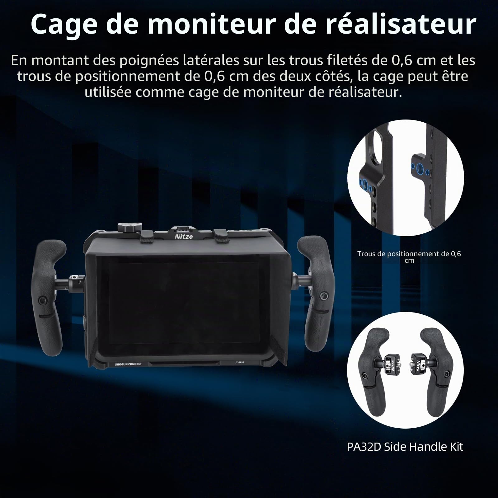 Nitze Cage pour Moniteur Atomos Shogun/Shogun Ultra/Shogun Connect, Cage de Moniteur avec Plaque de Montage et Capot Soleil - JT-A03C