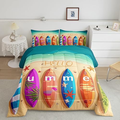 Miniatura 8 de Manfei Juego de edredón de tabla de surf, tamaño individual, juego de ropa de cama de hojas de palma tropical de playa de 2 piezas para niños y