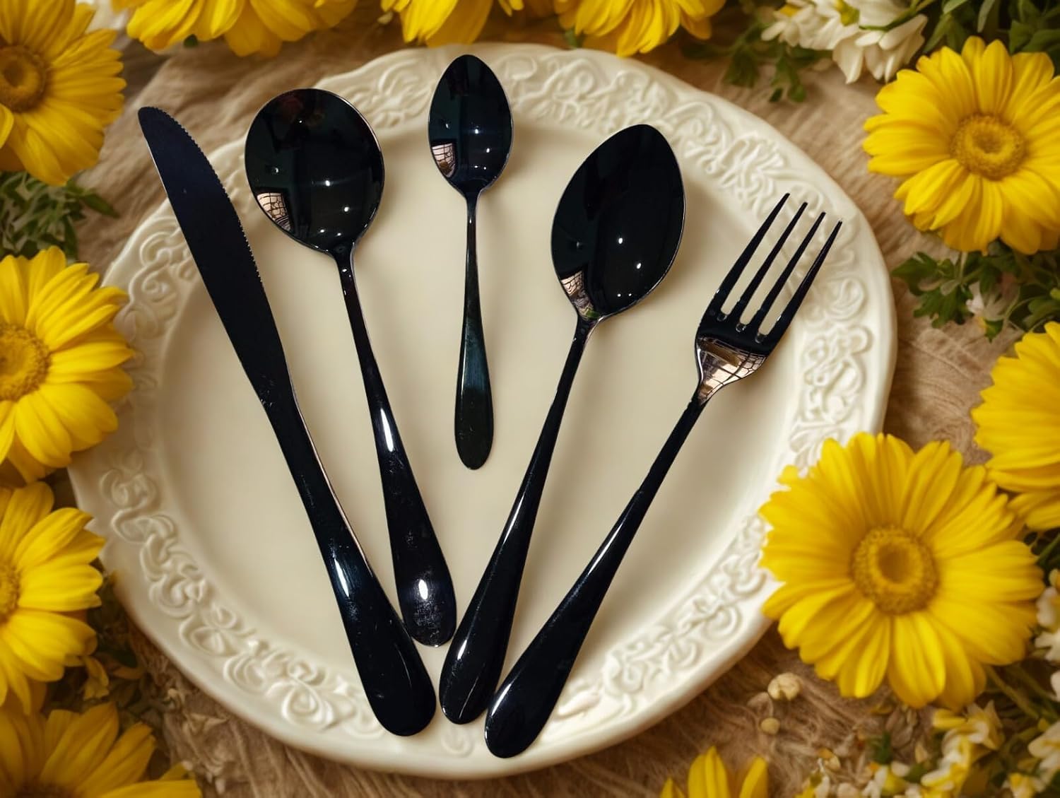 Rasakraft Black PVD Coated Stainless Steel Flatware Cutlery Set, 5 Pieces, Fork, Knife, Soup,Tea,Table- Spoons(Windsor)