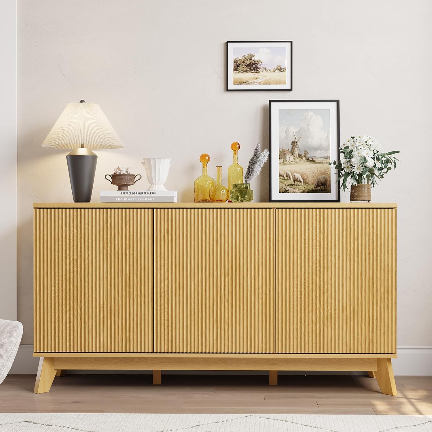 58" Modern Farmhouse Sideboard Buffet Cabinet with Curved Fluted Doors, 4 Doors & Adjustable Shelves, Wood Storage Buffet Console Table for Dining Room, Kitchen, Living Room, Coffee Bar