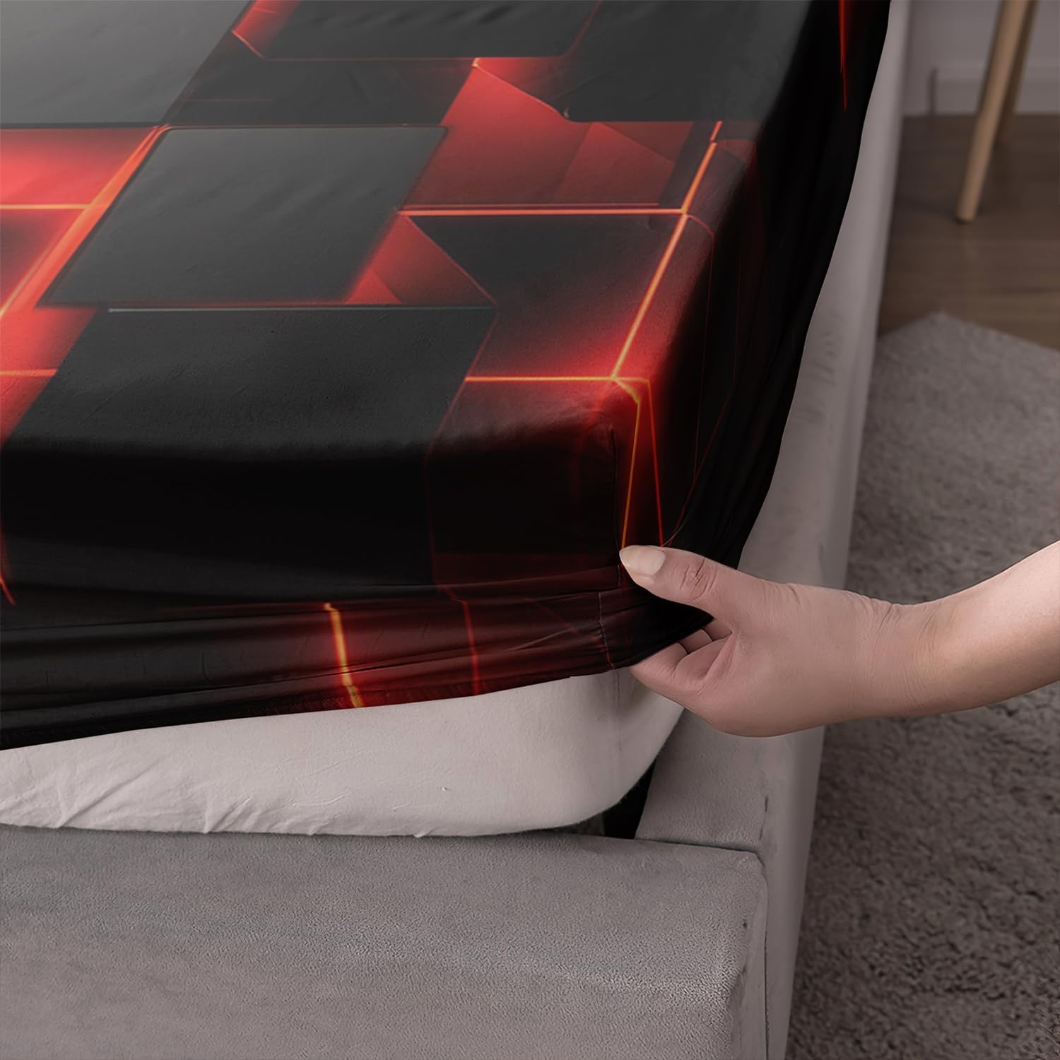 AILONEN Black and Red Checkered Fitted Sheet Set Twin XL Size,Abstract Square Plaid Modern Geometric Bed Sheet Set,3-Piece Gradient Neon Cubes Themed Bedding Set,1 Fitted Sheet with 2 Pillowcases