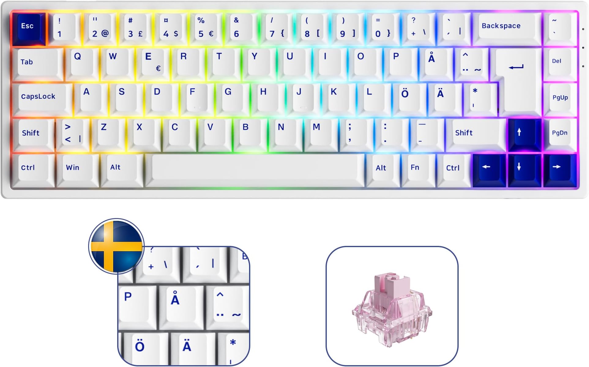 Akko 3068B Plus RGB Mechanical Gaming Keyboard, ISO-Nordic Layout, 3 Modes (BT5.0/2.4Ghz/Type C) Compact Mini Keyboard with Hotswap, Cherry PBT Keys, Programmable(Jelly Pink)