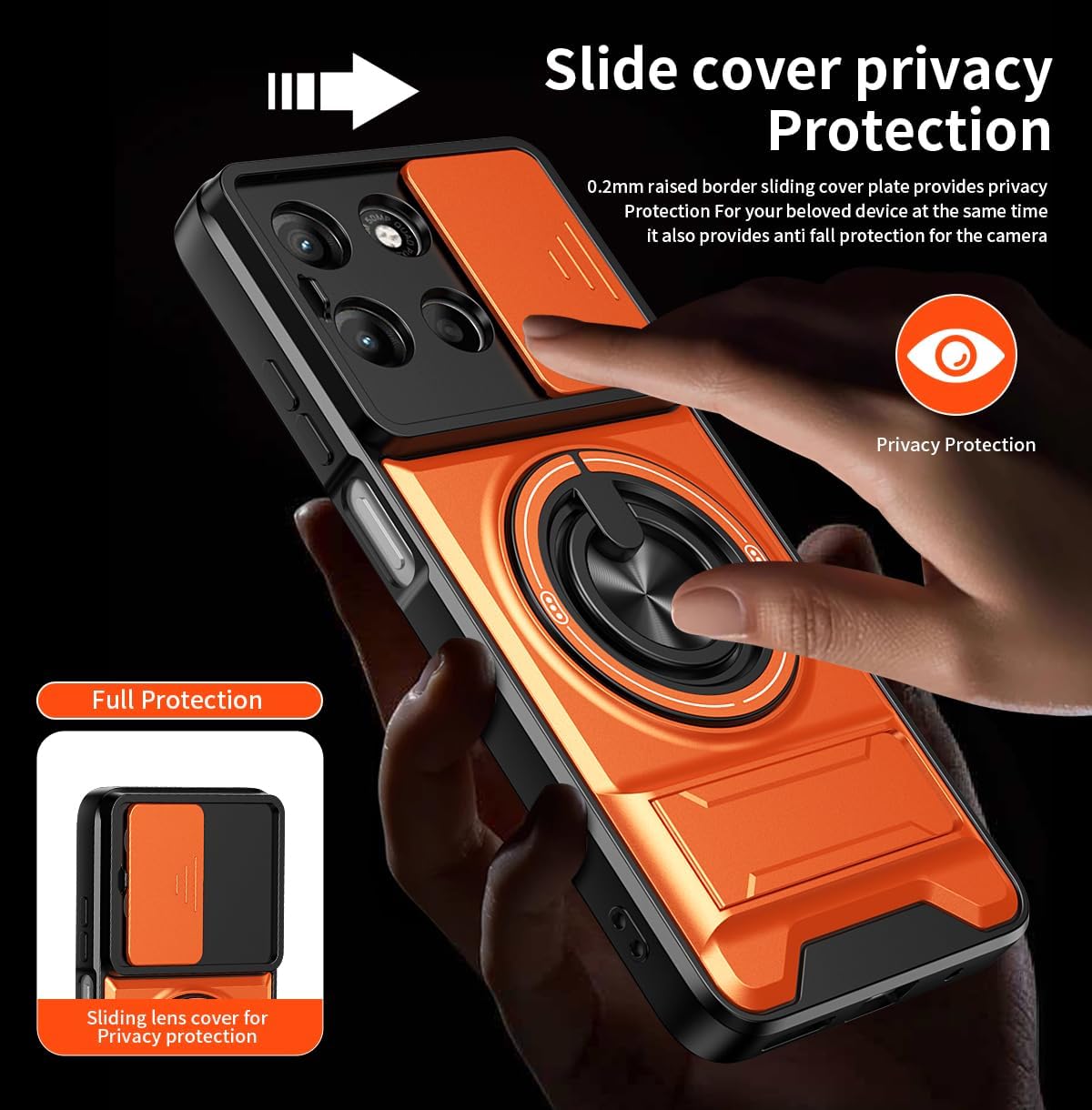 Compatible with Motorola Moto G15 Case, for Moto G17 Case, for Moto G15/G17 Power Phone case [with 2*Screen Protector][2-in-1 Slide Camera Cover, Magnetic Stand] Orange