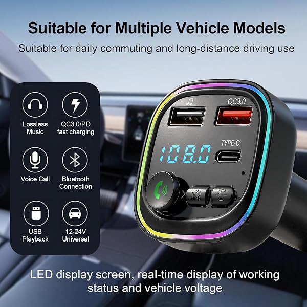 Bluetooth Car Adapter FM Transmitter PD 30W Fast Charging, QC3.0 USB C Cigarette Lighter Adapter with LED Display, Wireless Music and Hands Free Calling Use - 5