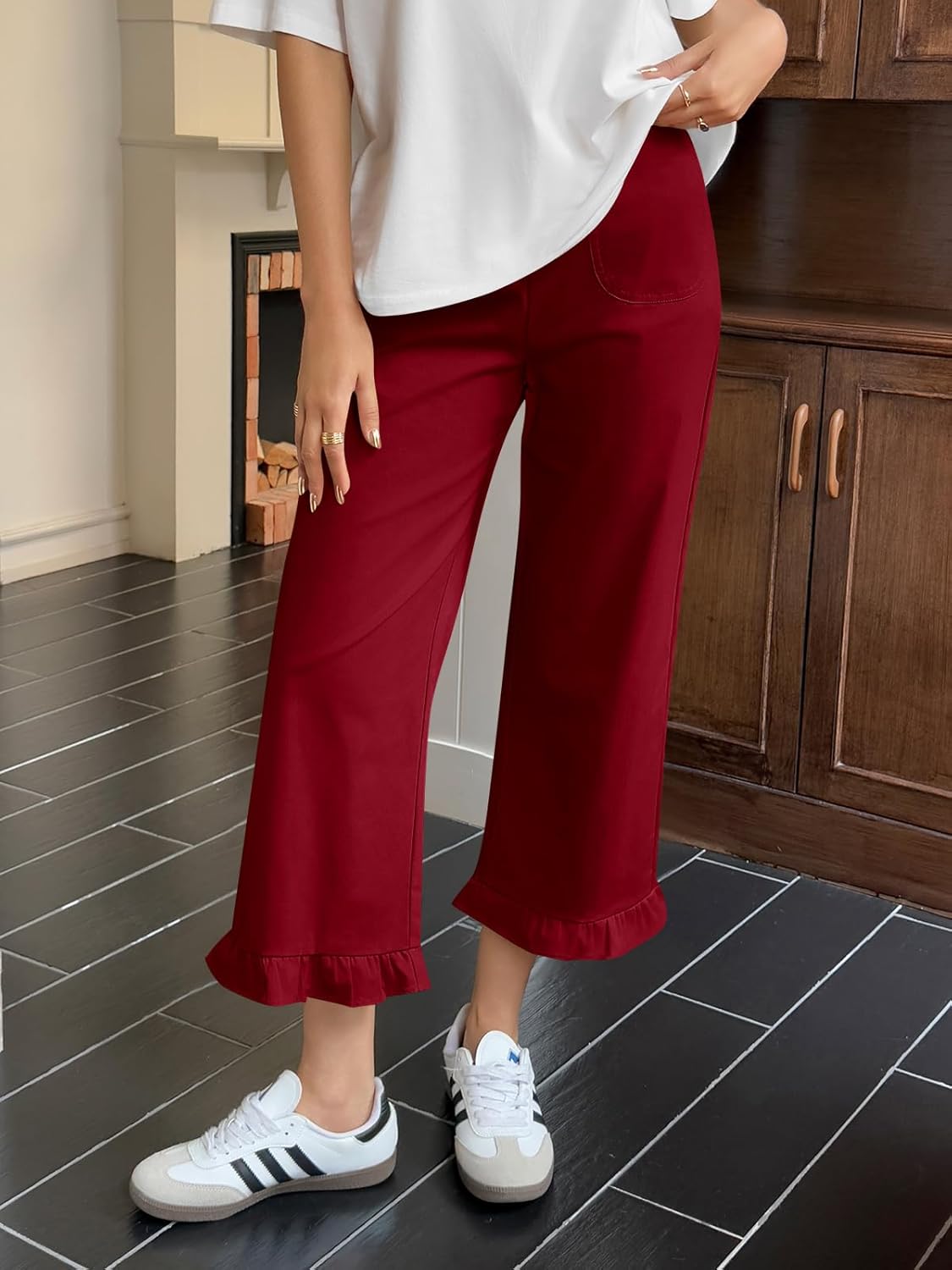 Cicy Bell Womens Wide Leg Capris Pants Casual High Waisted Ruffle Hem Zipper Loose Fit Trousers with Pockets - Image 3