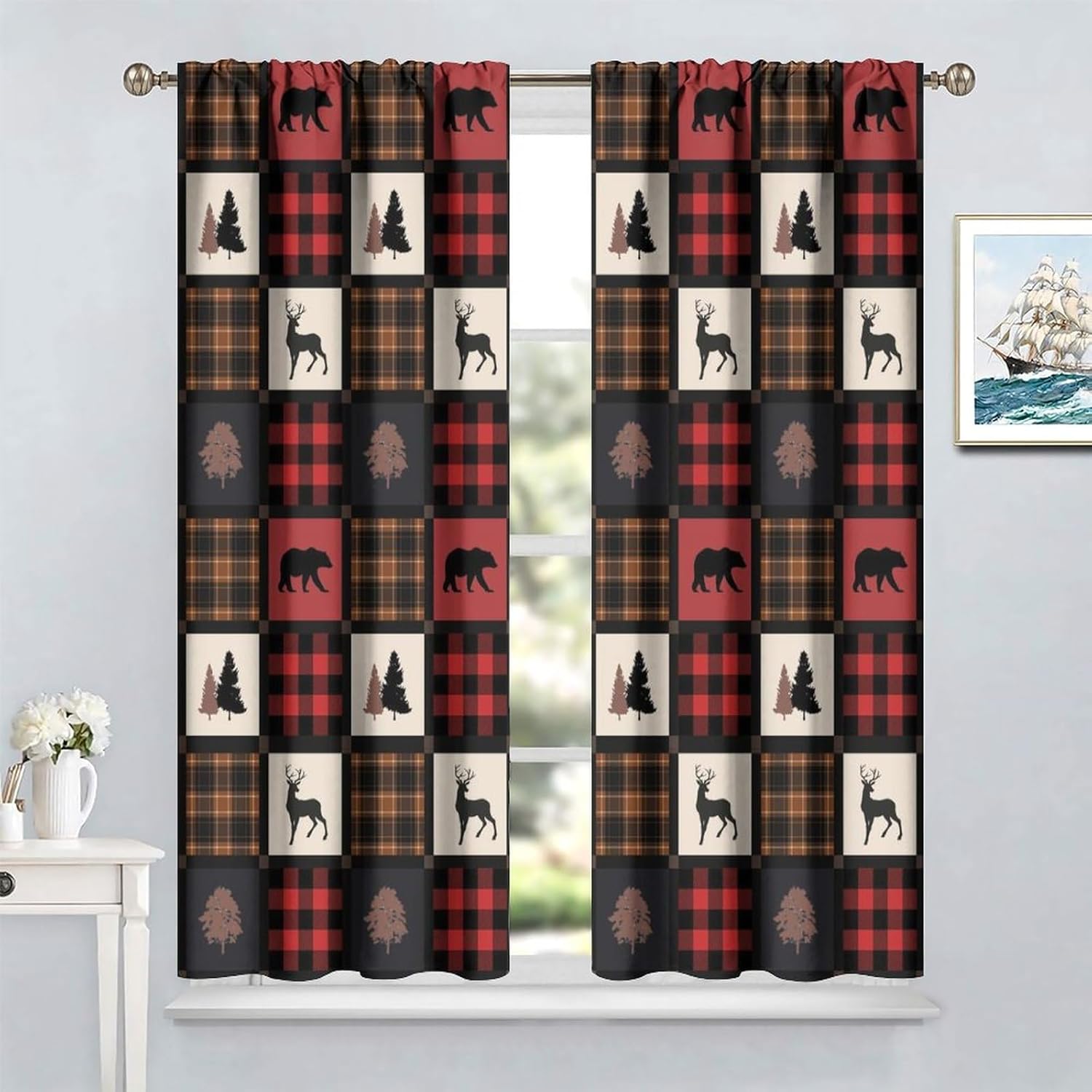 Cabin Retro Curtains Rustic Lodge Window Treatments, Bear Deer Moose Wild Animals Curtains for Living Room, Plaid Check Adventure Farmhouse Drapes 2 Panel Sets,52x84 Inch
