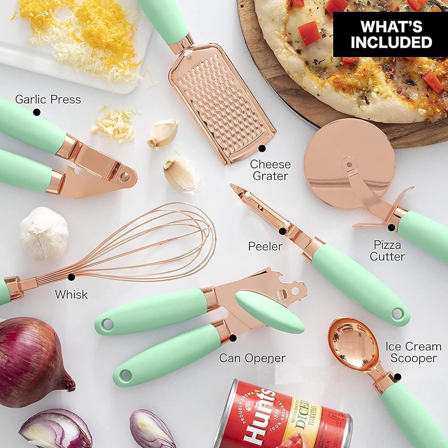 Küchenutensilien-Werkzeuge, 7-teilig, 100 % reines Kupfer mit weichen Silikon-Griffen, Küchenhelfer-Set, Dosenöffner, Pizzaschneider, Eisportionierer, Käsereibe, Schäler, Knoblauchpresse, Schneebesen