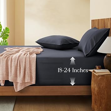 Vonty 3pcs Extra Deep Pocket Queen Fitted Sheet with 2 Pillow Cases Set, Dark Gray Bottom Sheet Fit 18-24 Inch Ultra Deep Pocket Mattress, Soft & Breathable Microfiber Bed Set with Pockets on Side