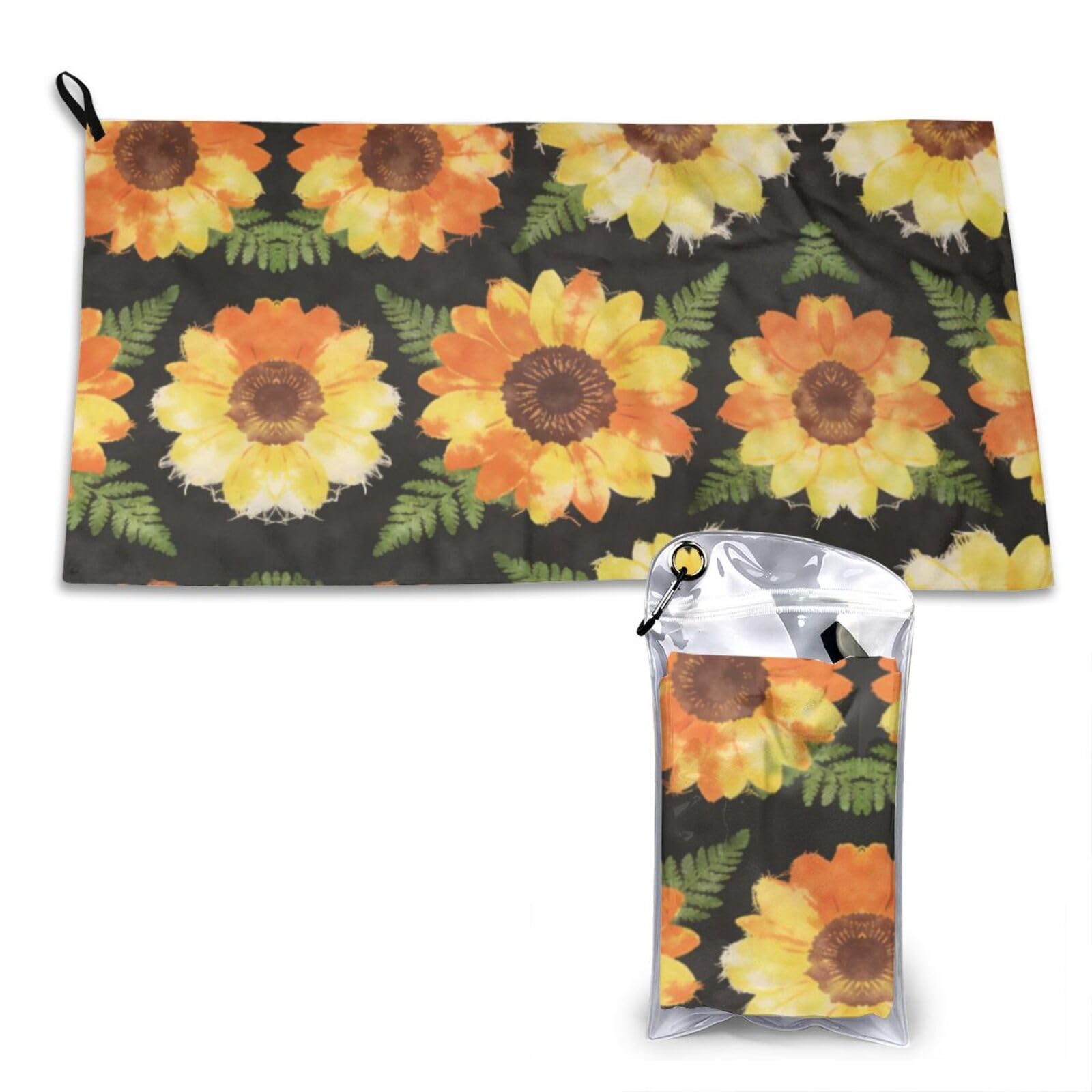 Sunflowers on Black Print Quick Dry Towel 16x31.5in White