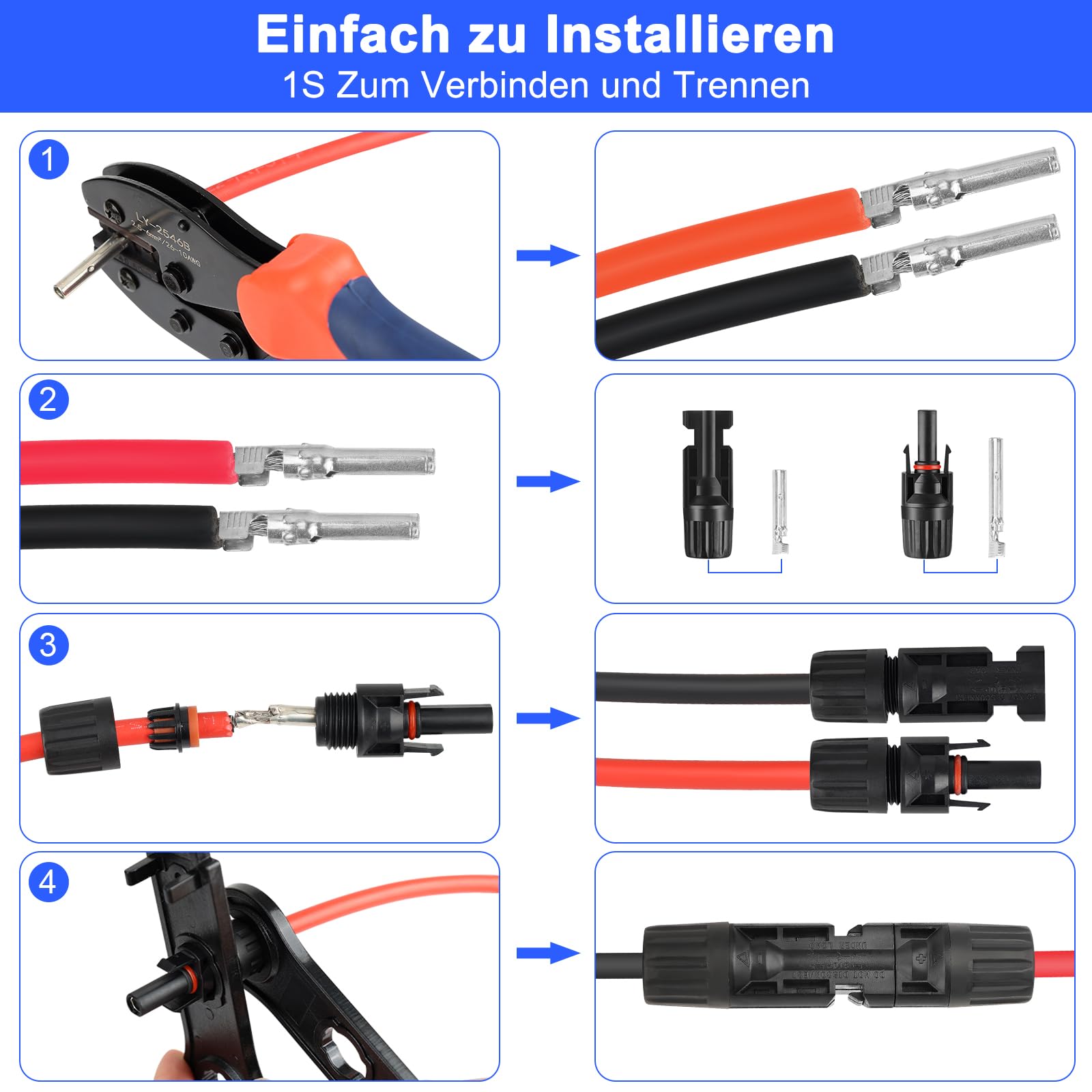 SOMELINE Pince à Sertir, Outils De Sertissage Solaires Pour 2,5/4/6 Mm² Solaire Cable, Avec 6 Paires De Connecteurs Solaires, 1 Pince A Sertir, 2 Clés, Photovoltaique Connecteurs