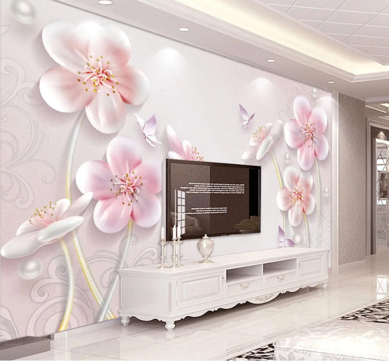 Tzxztt Elegant Relief Plum Blossoms Butterflies Jewellery Modern 3D Wallpaper Premium Textured Silk Neutral Tones Material Ideal for Living Room Bedroom-400cm×280cm