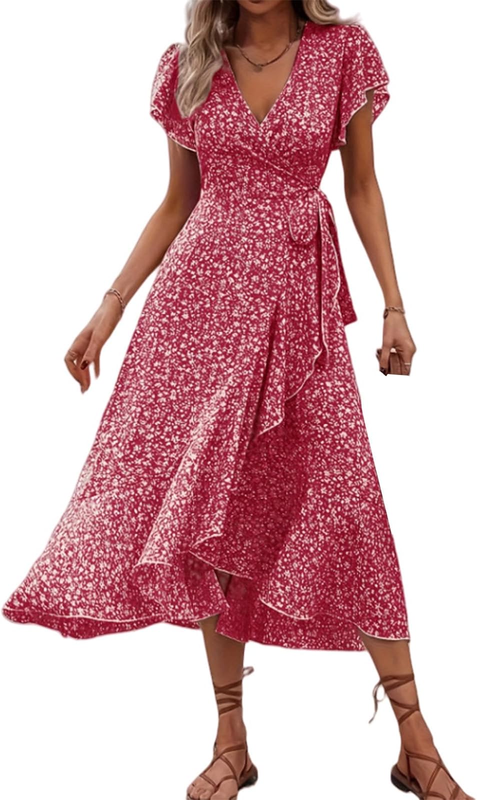 Womens Summer Maxi Dress Boho Floral Dress Short Sleeve V Neck Tie Waist Long Dresses Split Ruffle Flowy Beach Sundress