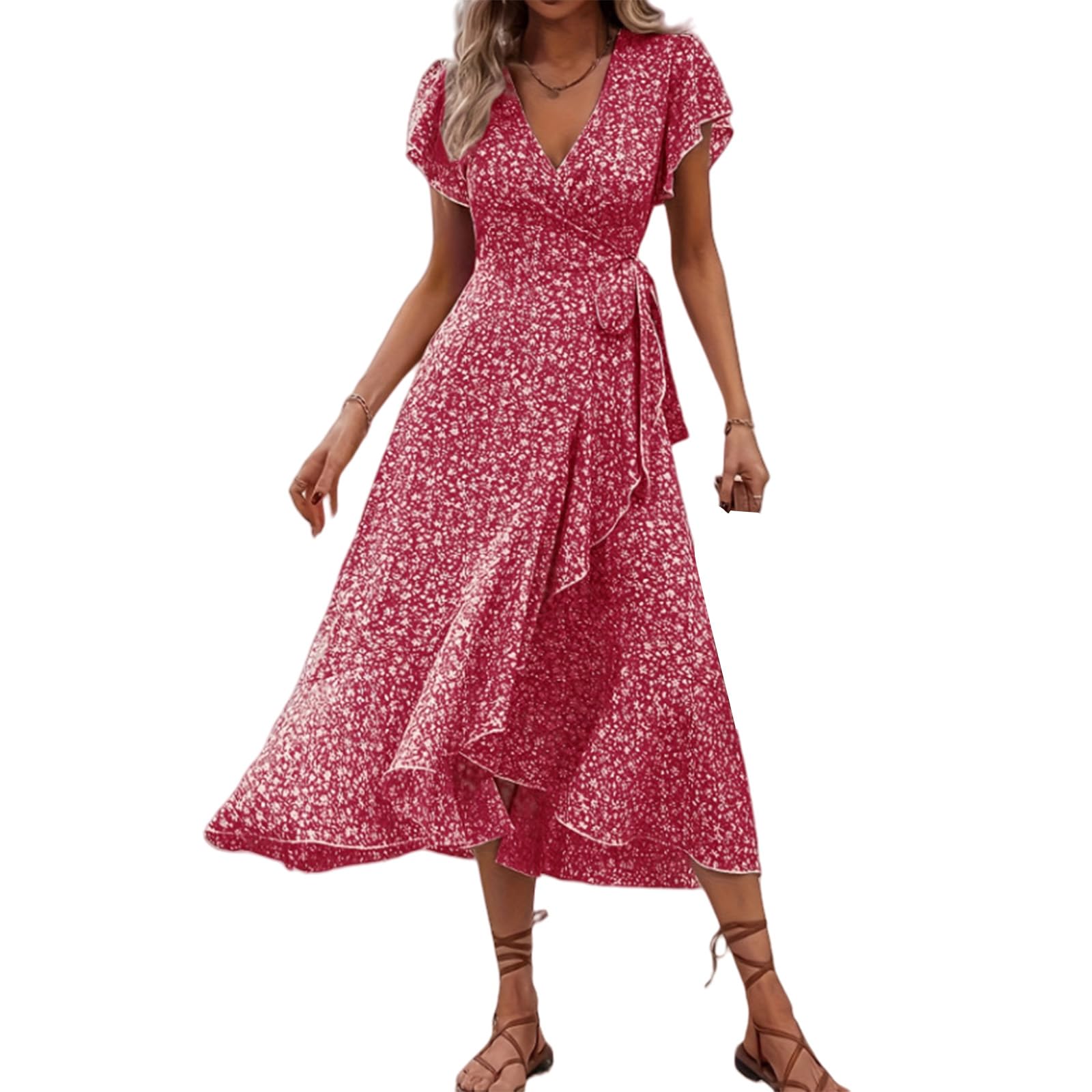Womens Summer Maxi Dress Boho Floral Dress Short Sleeve V Neck Tie Waist Long Dresses Split Ruffle Flowy Beach Sundress