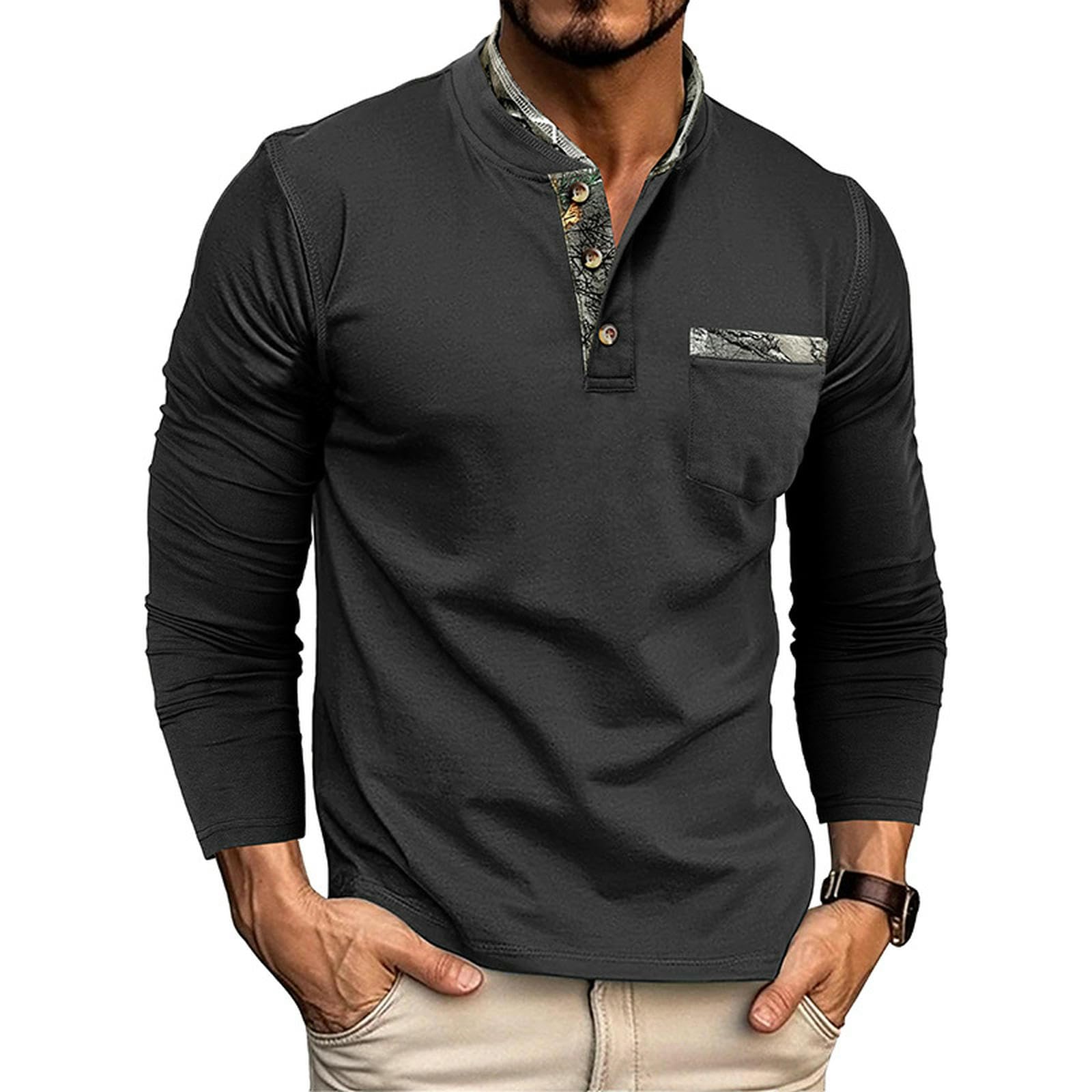 Herren T-Shirt Herbst- Und Winter-Herren-t-Shirts Langarm Henley-Hemden Herren-Doppelkragen T-Shirts Tops-schwarz-l