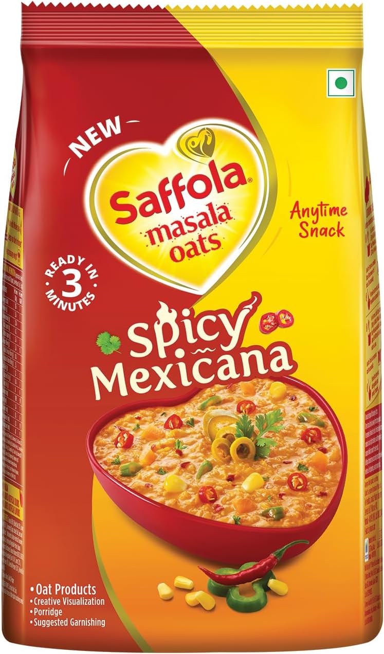 Saffola Masala Oats Spicy Mexicana, 400g | Spicy Flavoured Rolled Oats with High Fibre, Yummy Anytime Snack
