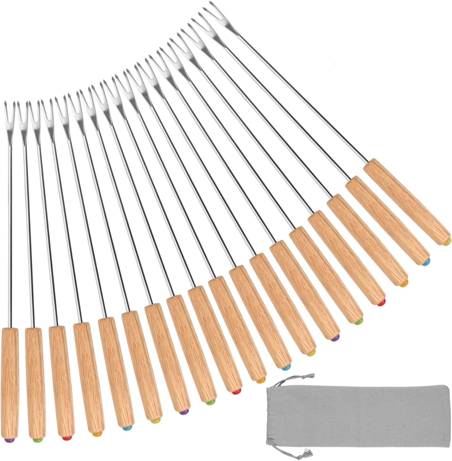 STYDDI Fondue Fork, 18Pcs Stainless Steel Color Coding Fondue Forks with Wooden Handle for Chocolate Fountain Cheese Fondue Roast Marshmallows, 9.5 Inch