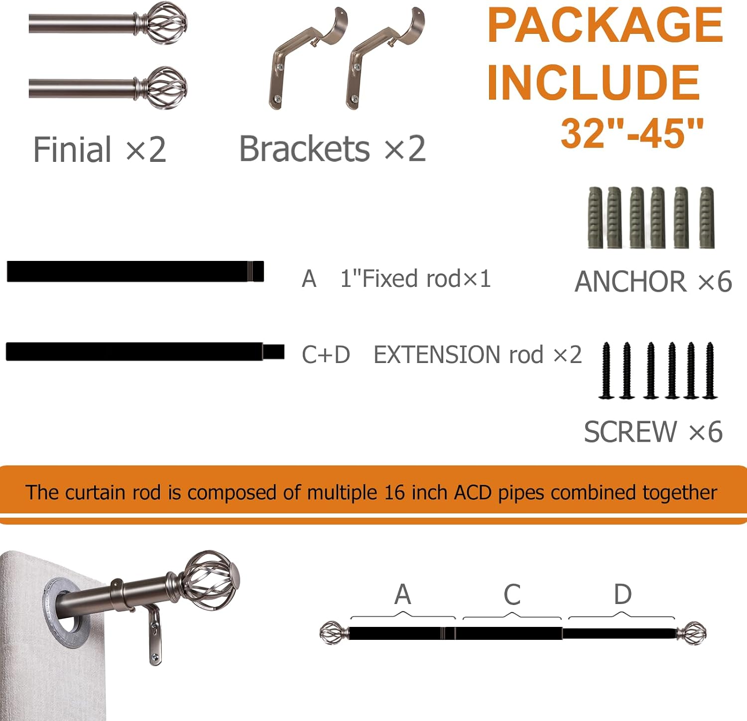 Satin Nickel Curtain Rods for Windows 18 to 45 inch, 1 Inch Adjustable Curtain Rod, Heavy Duty Window Curtains Rod for Bedroom Living Room, Modern Decorative Drapery Rods Birdcage Finials