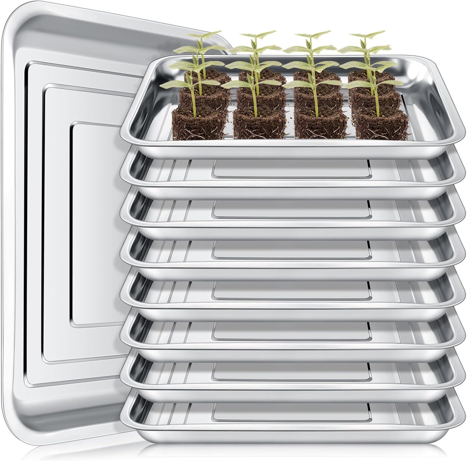 FillTouch 10 Pcs Stainless Steel Seed Starter Tray, Stainless Metal Garden Trays, Nursery Seedling Pots for Collection Transplantation & Propagation Flats, No Drain Holes(15.8 x 11.8 x 1.4 Inch)
