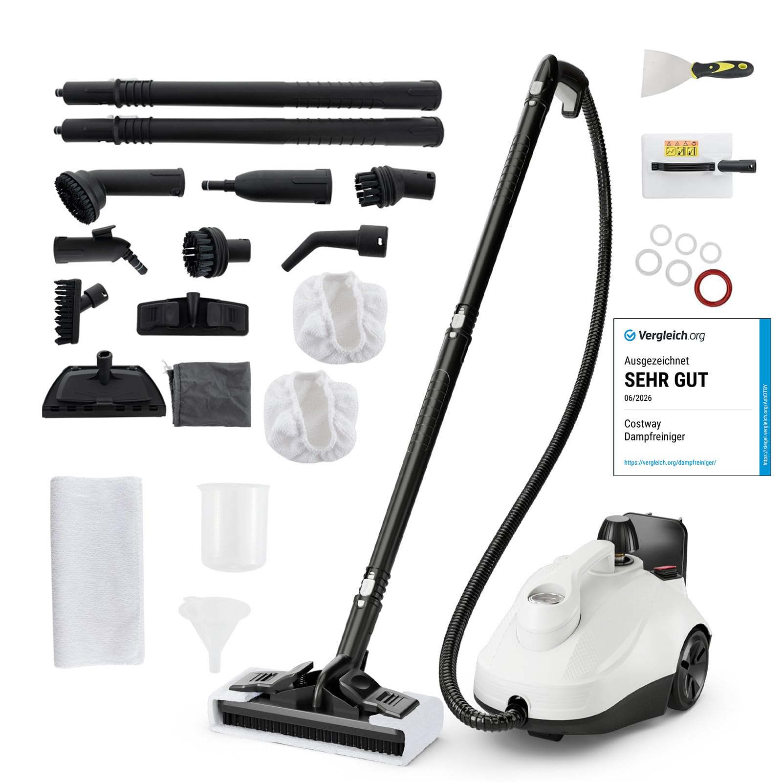 COSTWAY Limpiador a Vapor de 2000W, Multiuso Limpiador de Vapor con 16 Accesorios y Tanque Grande de 1,8 L, Máquina de Limpieza a Vapor con Ruedas para Pisos, Ventanas, Vidrio, Alfombras (Blanco)