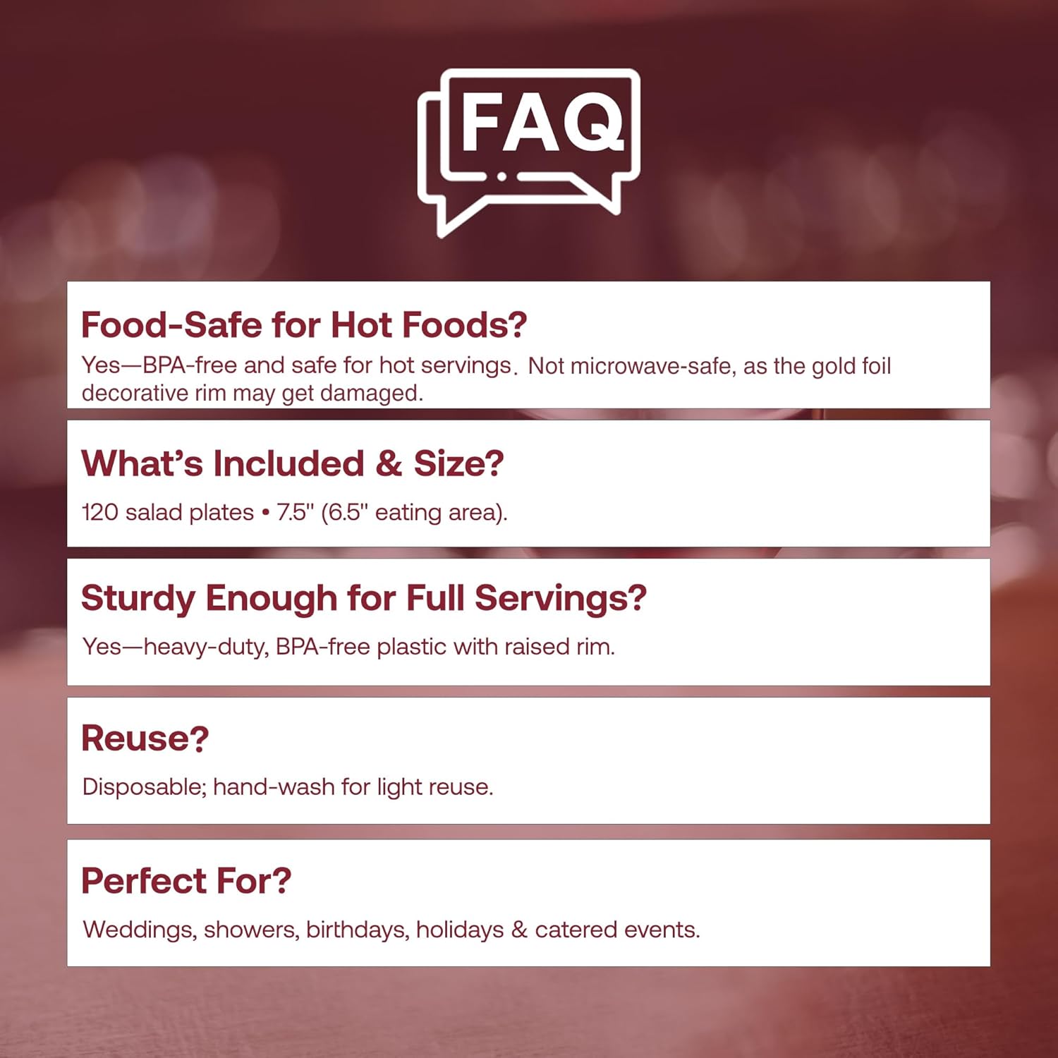 Elegant Plastic Dinnerware Set - Disposable Party Plates (White with Gold, 7.5" Salad Plates, 120 Count)