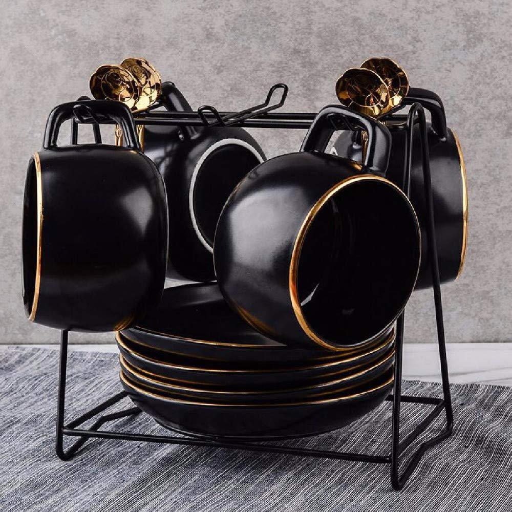ZPSPZ espresso cups European coffee cups set home simple black 4 piece set cups dish spoon,A
