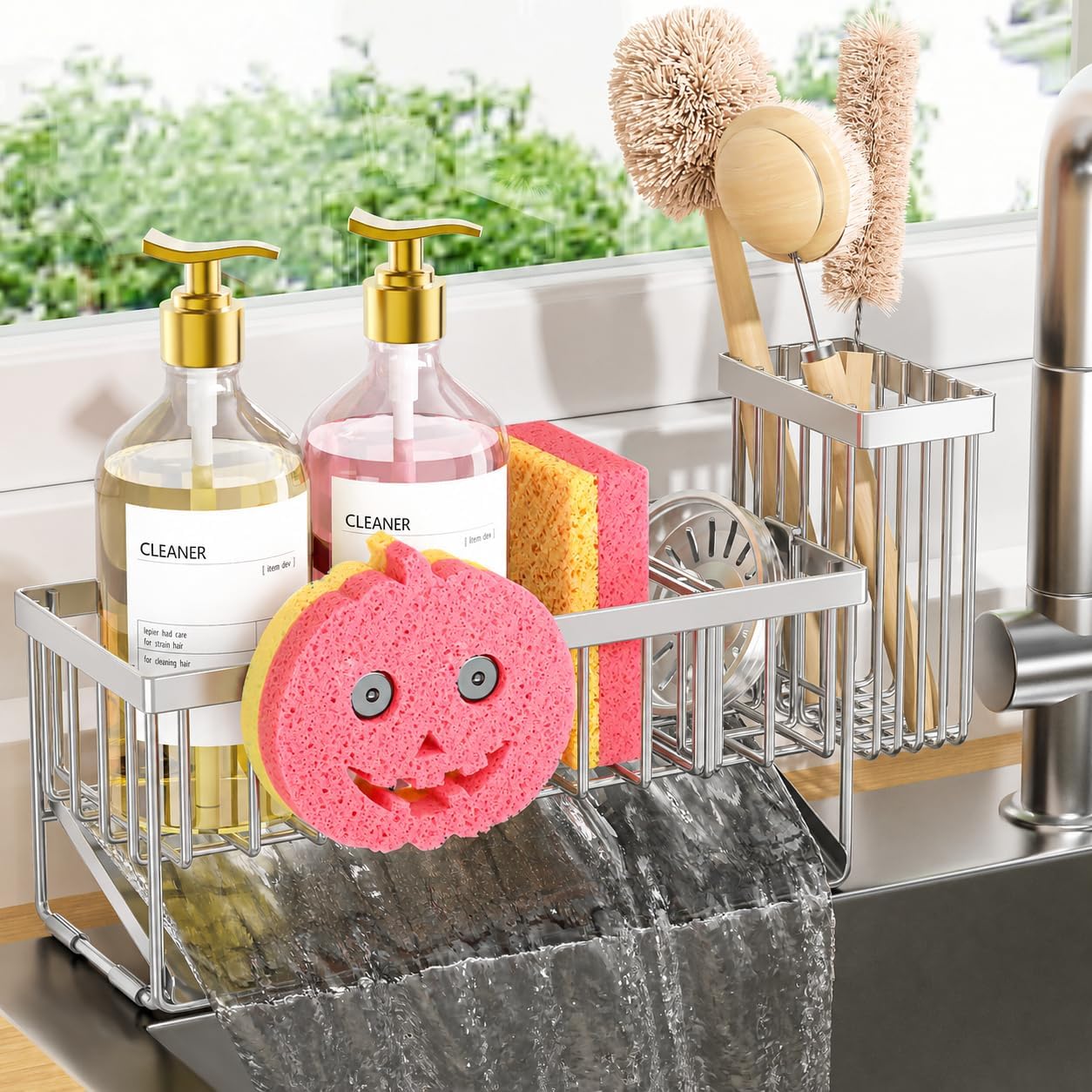 Cisily Sponge Holder for Kitchen Sink, Smiley Face Sink Caddy with Removable Brush Holder,Self-Draining Sponge Caddy for Sponge,Soap,Dish Brush,Scrubber,Kitchen Essentials and Gadgets